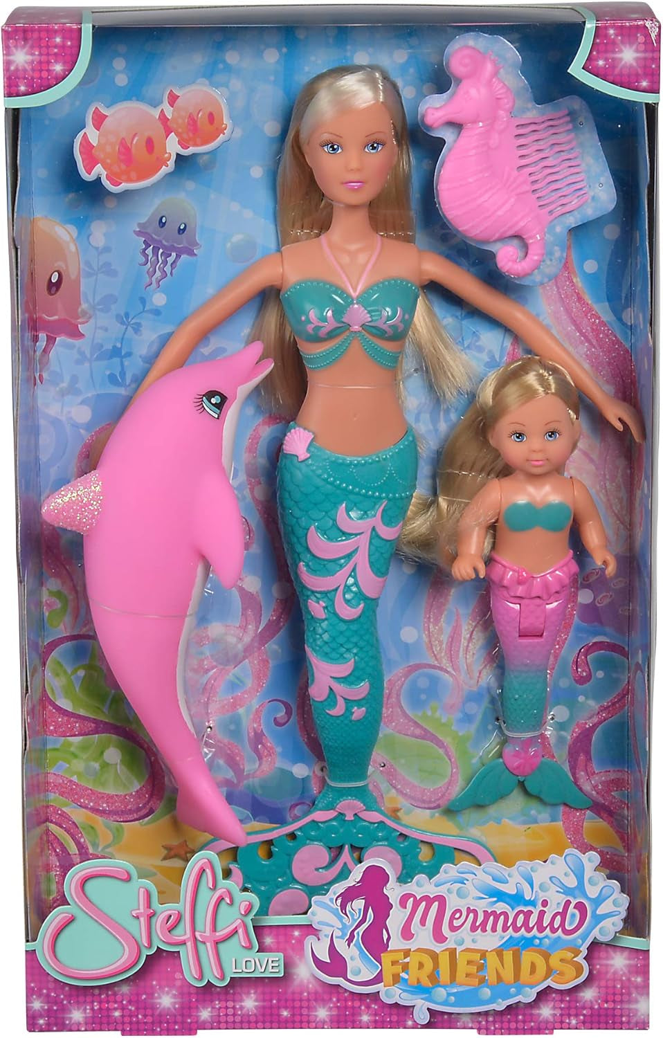 Simba 105733336 - Steffi Love Mermaid Friends, Puppe als Zauberhafte Meerjungfrau mit Schwester Evi, Delfin Figur und mehr, Spielzeug für Kinder ab 3 Jahren