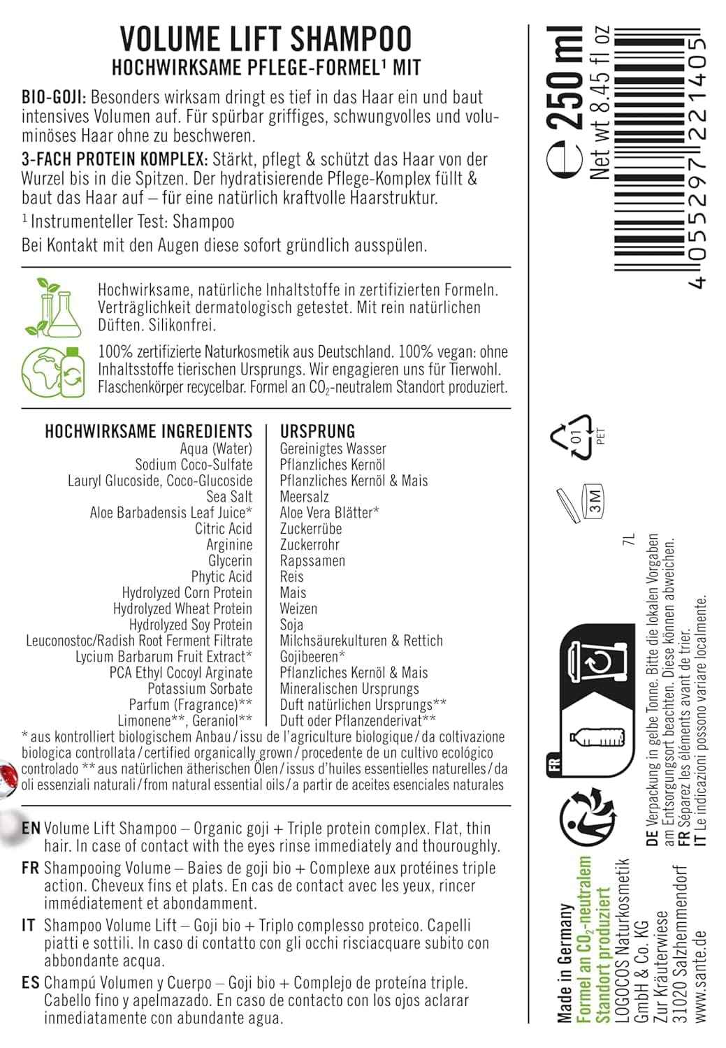 Șampon Sante Natural Cosmetics Volume Lift, 250 ml Naty Shop