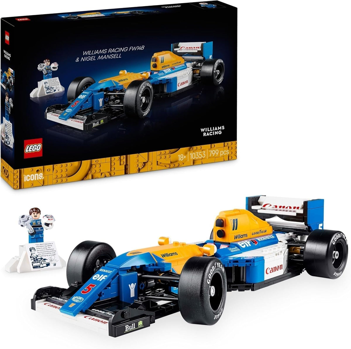 LEGO Icons Williams Racing FW14B Nigel Mansell-lel - F1-es autómodell-készlet versenyzős sofőr minifigurákkal, gyűjthető - asztaldísz állvánnyal - Ajándék felnőtteknek és tiniknek, motorsportok rajongóinak 10353 építőkészletek Besuche den LEGO-Store alapértelmezett cím