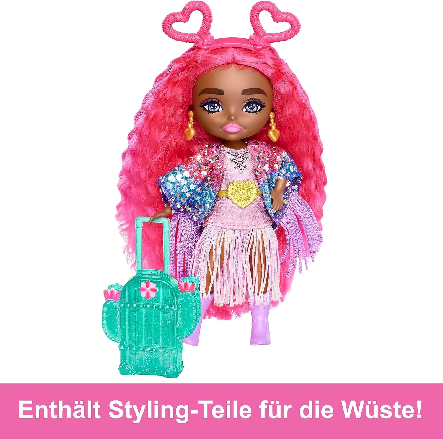 Barbie Extra Fly Reisepuppe - Mini Puppe mit Wüstenoutfit, glitzerndem Cape und Kaktus-Koffer, bewegliche Ellbogen und Knie für modebewussten Spielspaß, für Kinder ab 3 Jahren, HPB19