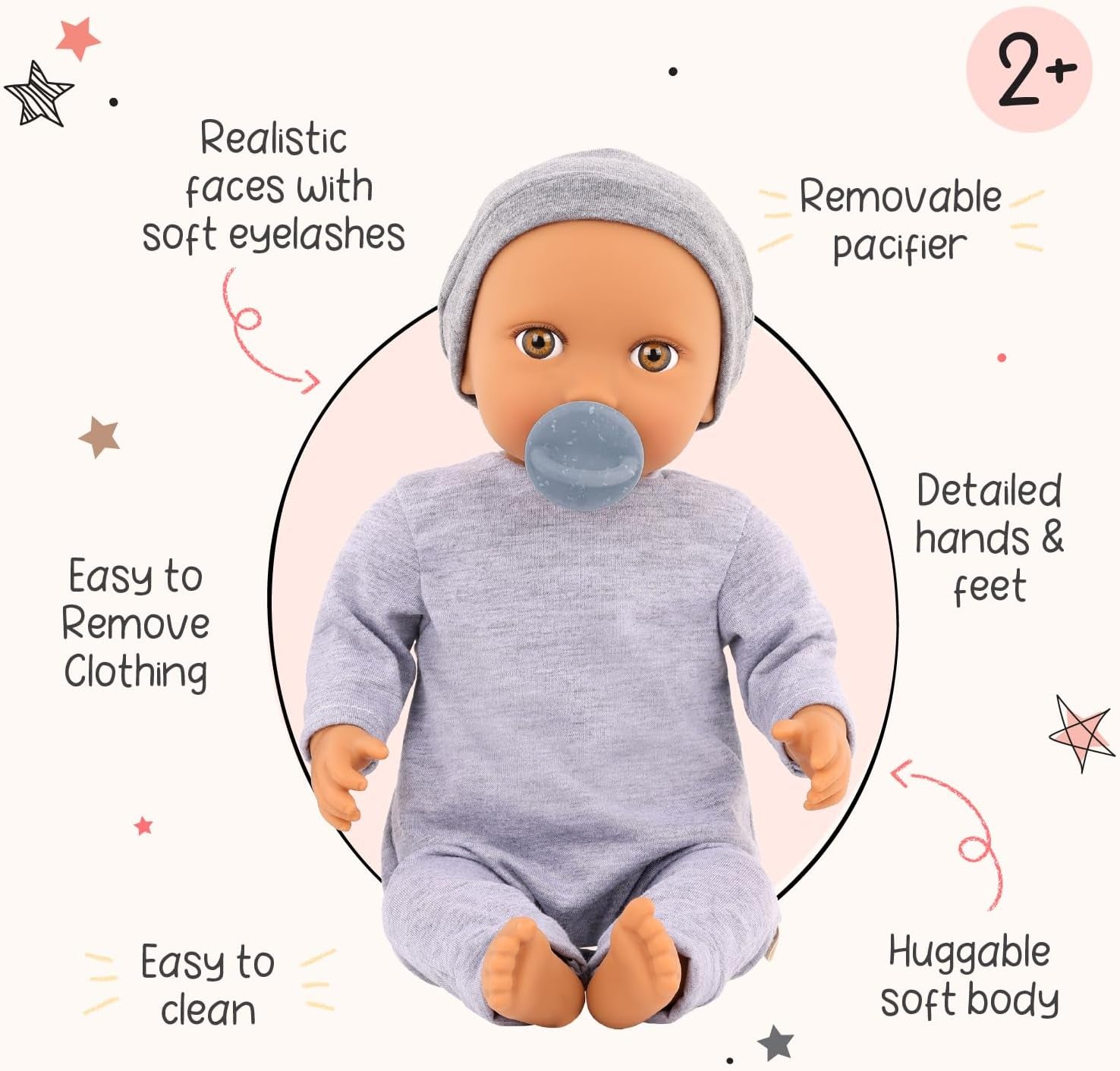 LullaBaby - Baby Puppe - Einteiler & Mütze - 36 cm Realistic Baby-Puppe - Mogyoróbarna szemek és puha test - Romper & Schnuller-Zubehör - Pretend Play Spielzeug - Kinder 2 Jahre +