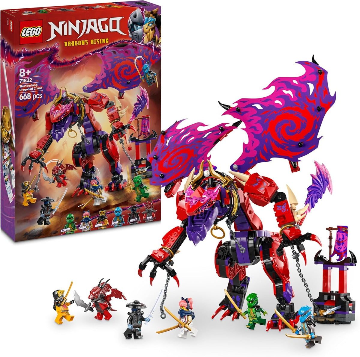 LEGO NINJAGO Chaosdrache Donnerzahn - Spielzeug mit 6 Ninja Minifiguren - Rollenspiel Bauset für Jungen und Mädchen ab 8 Jahren - Geschenke für TV-Serie Aufstieg der Drachen 71832