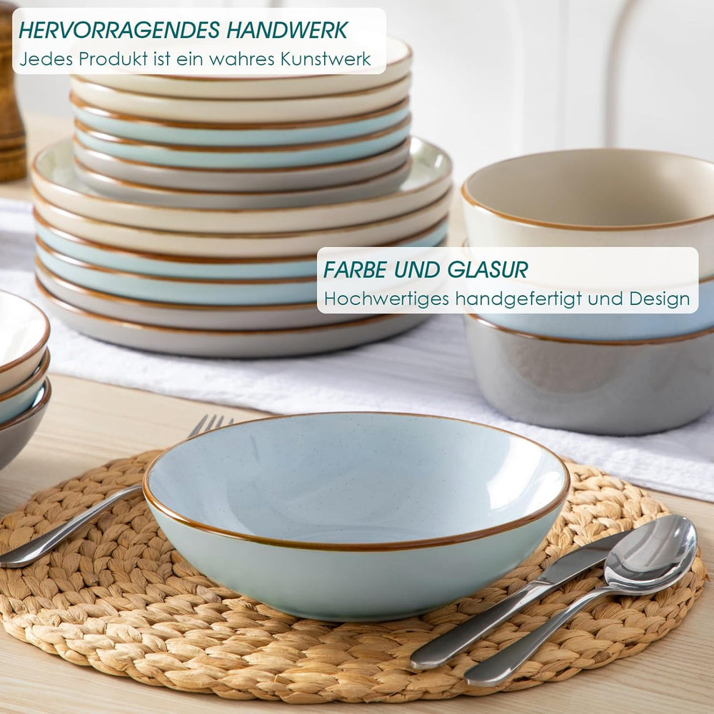 Geschirrset 6 Personen, vancasso RENO 24-tlg Steingut Teller Set Mix, Tafelservice mit je 6 Speiseteller, Dessertteller, Suppenteller, Müslischalen, Spülmaschinenfest & Mikrowellengeeignet, Mehrfarbig