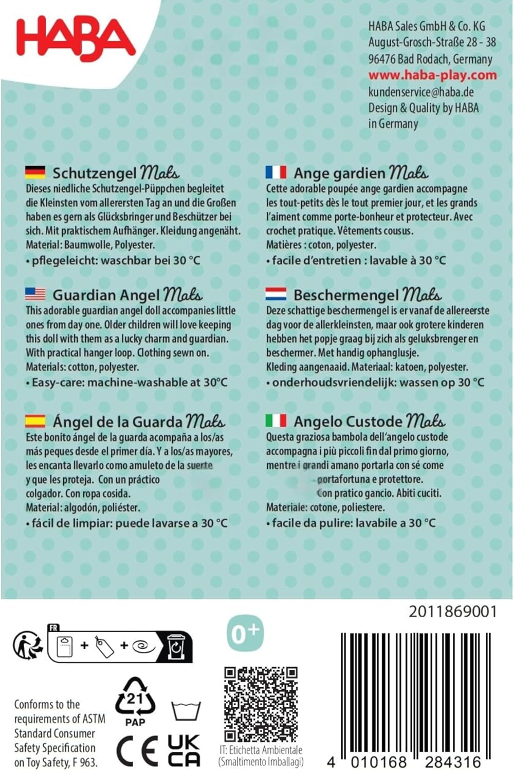 HABA Guardian Angel Mats - Plüss szövet baba (15 cm), ideális üdvözlőajándék babáknak és kisgyermekeknek - 30°C-on mosható - 2011869001 Dolls Naty Shop