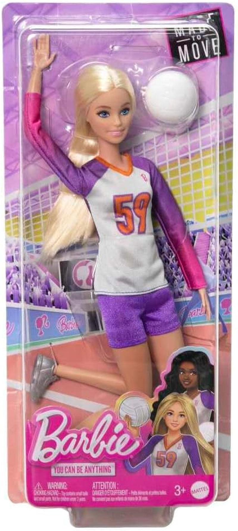 Barbie Made to Move - Păpușă jucătoare de volei cu tricou și minge - 22 de articulații pentru joc realist, include echipament de volei și sport, HKT72