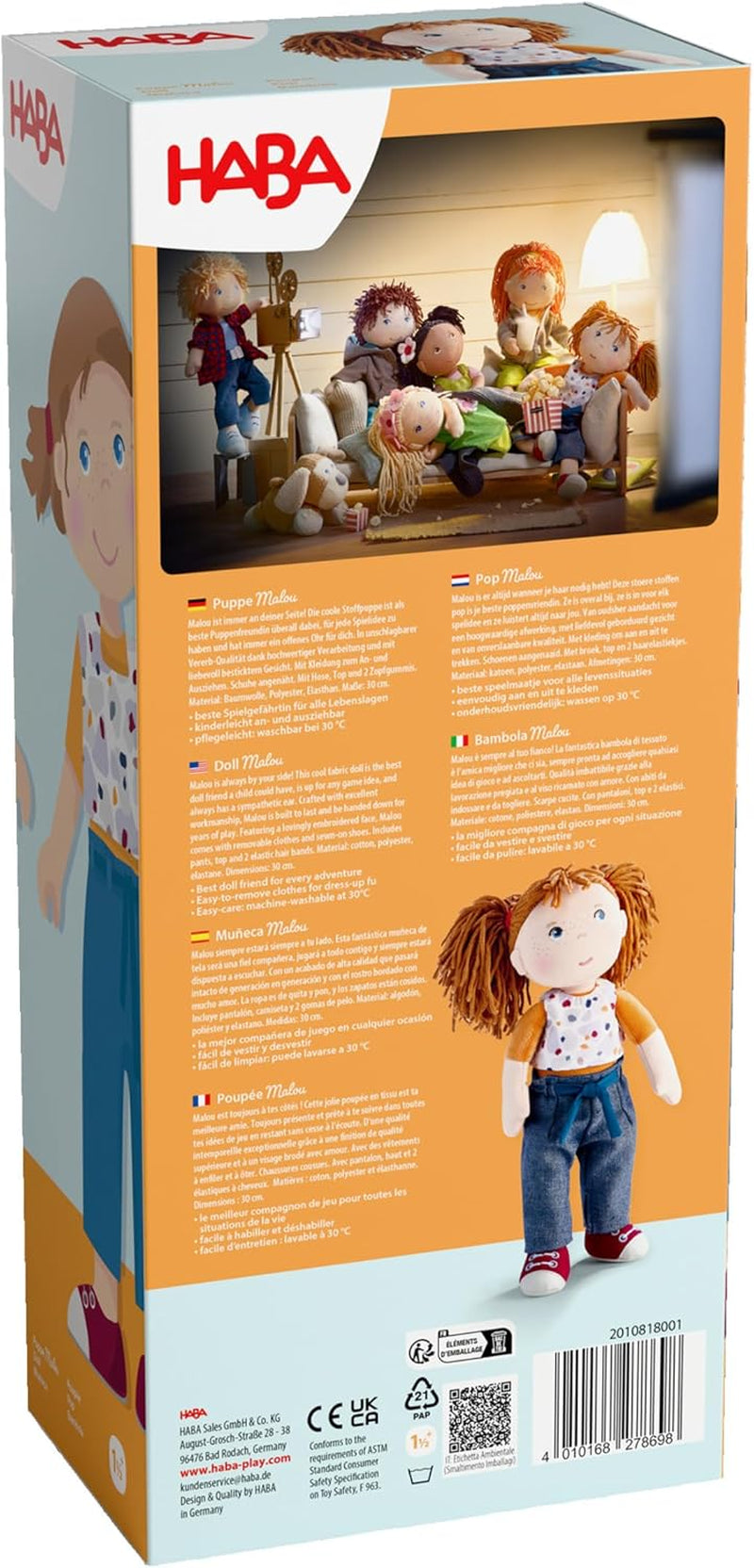Păpușa HABA Malou - păpușă moale de 30 cm înălțime pentru joacă și îmbrățișare - Materiale moi și lavabile - Alternativă ideală la păpușile de pluș - Potrivită pentru copii de la 1,5 ani - 2010818001