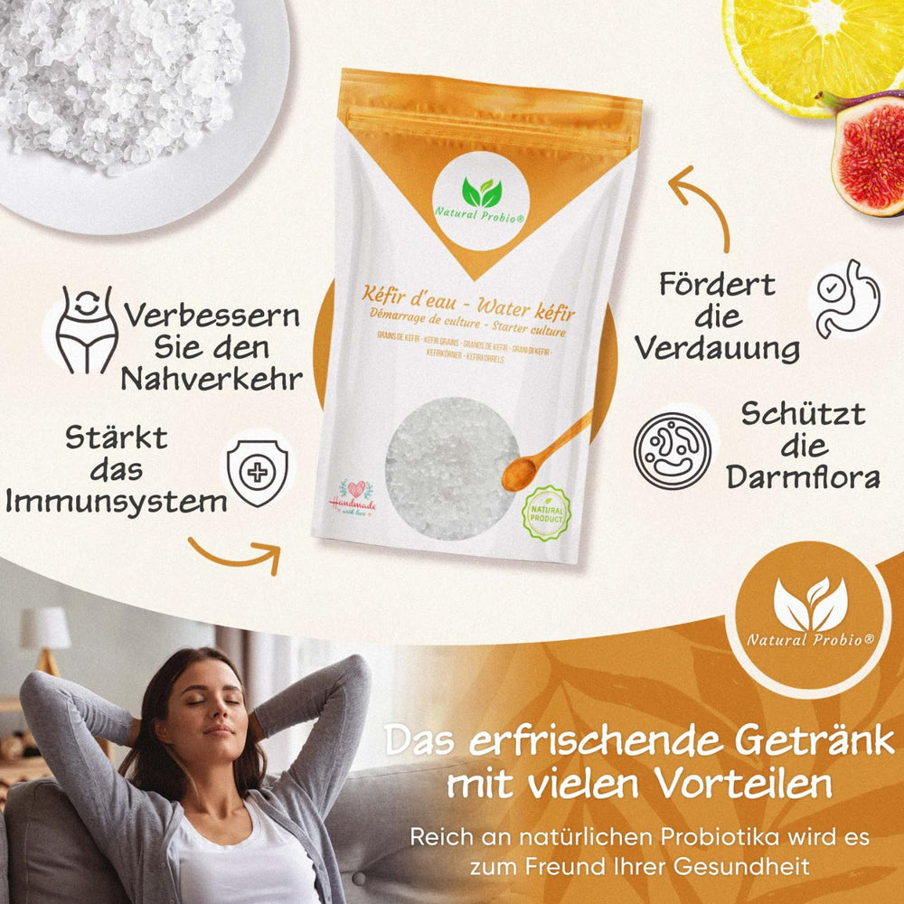 Natural Probio® Wasserkefir, Kefirpilz, Japankristalle, Kefirknollen, Starter Set + Anleitung, Rezept, Tipps, E-Book & Rezeptbibliothek + Kundenservice auf Lebenszeit (10g dehidratált/60g rehidratált)