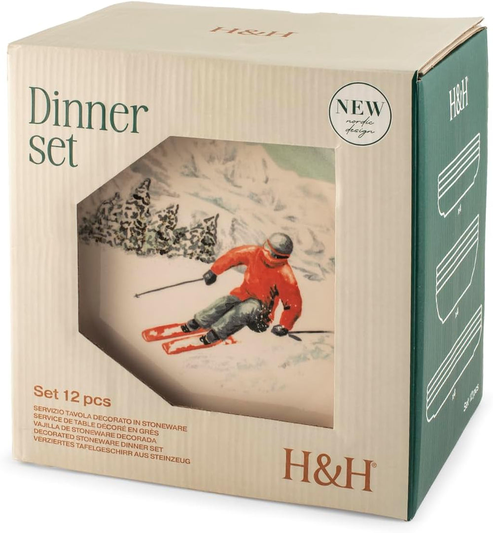 Set de veselă de Crăciun „Winter Escape” din gresie, format din 12 piese – Design nordic de iarnă cu motiv schior – Potrivit pentru mașina de spălat vase și cuptorul cu microunde