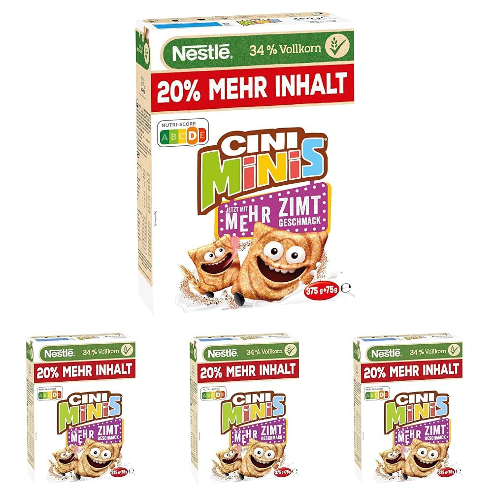 Nestlé CINI MINIS, fahéjas müzli, 37% Vital teljes kiőrlésű gabona, vitaminokkal, kalciummal és vassal, ropogós pehely, 7 db-os kiszerelés (7x375g)