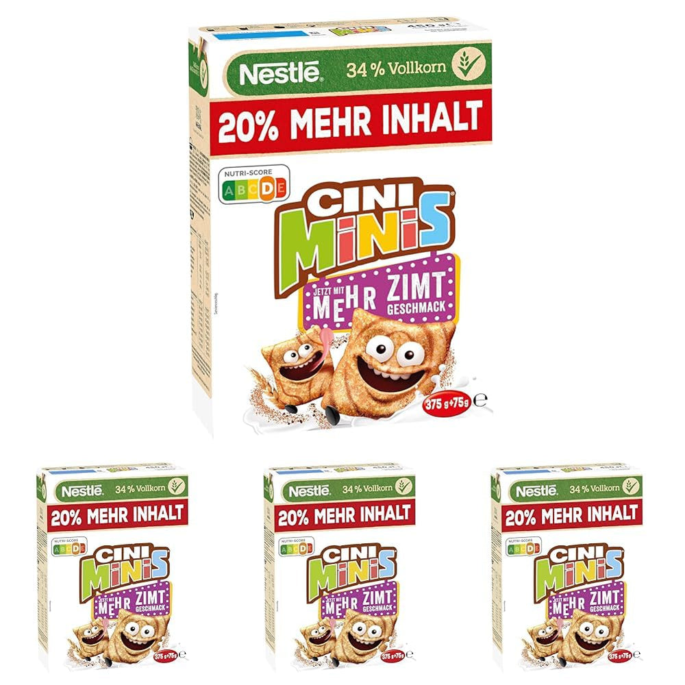 Nestlé CINI MINIS, fahéjas müzli, 37% Vital teljes kiőrlésű gabona, vitaminokkal, kalciummal és vassal, ropogós pehely, 7 db-os kiszerelés (7x375g)