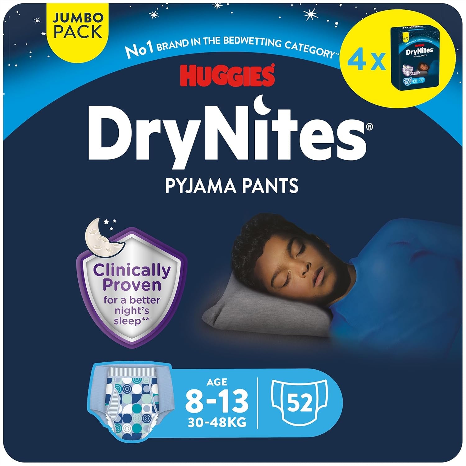 Huggies DryNites szuper nedvszívó éjszakai nedvesítő pelenkák fiúknak 8-13 éves korig (30-48 kg) 27 Count (3 x 9 Count) bugyi pelenkák