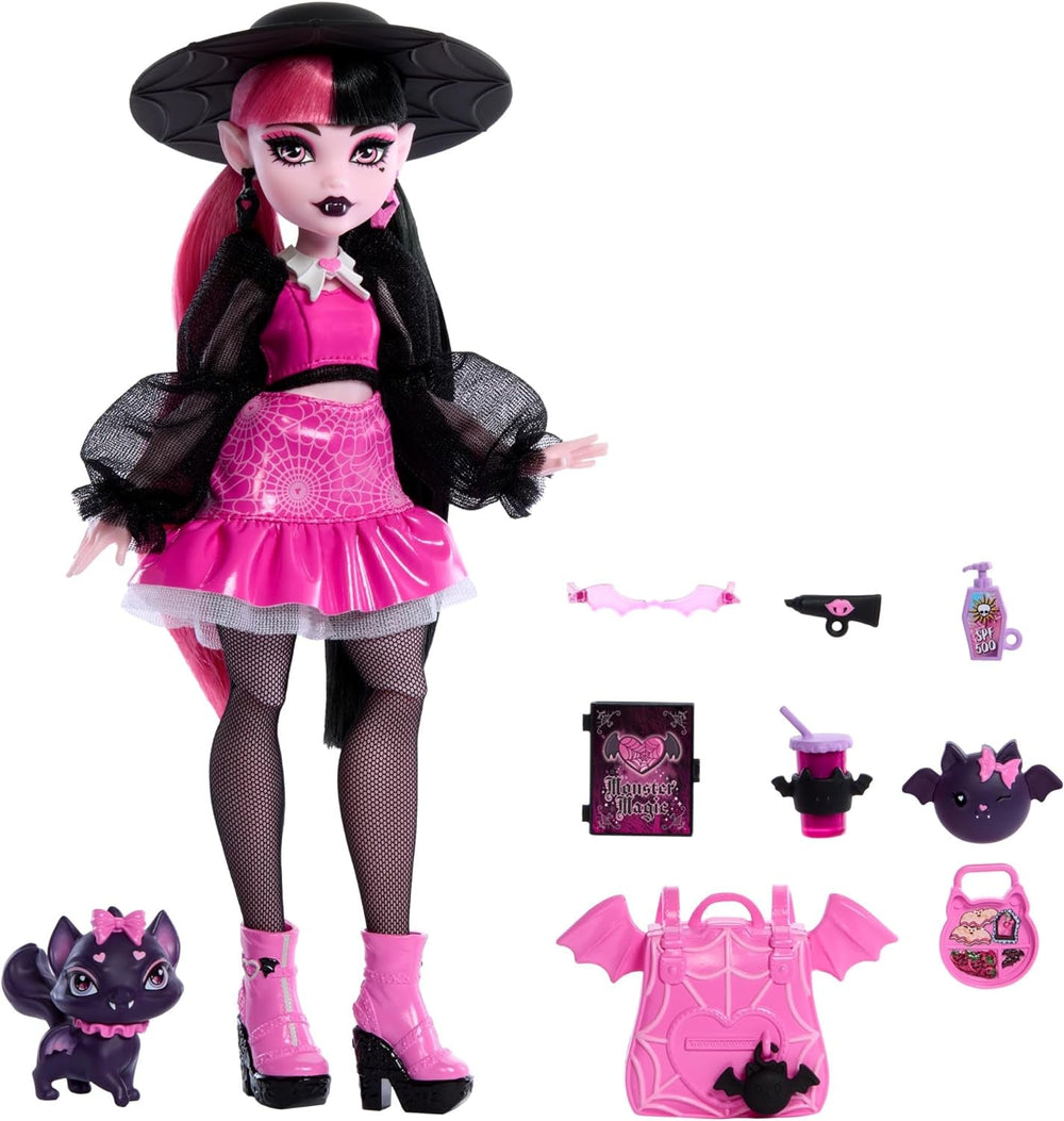 Monster High Draculaura baba kedvencével, gróf Mesés denevér macskával és olyan kiegészítőkkel, mint a hátizsák, varázskönyv, bento doboz és sok más, HRP64 Naty Shop Dolls