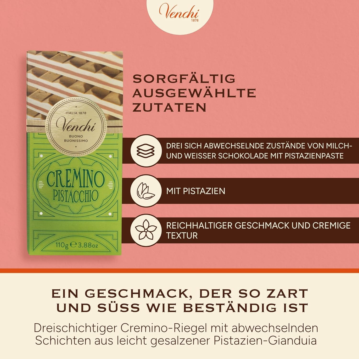 Venchi - Cremino pisztáciaszelet, 110g, tej- és fehércsokoládé tábla pisztácia pasztával, háromrétegű recept mediterrán ízekkel, gluténmentes, mesterséges színezék nélkül