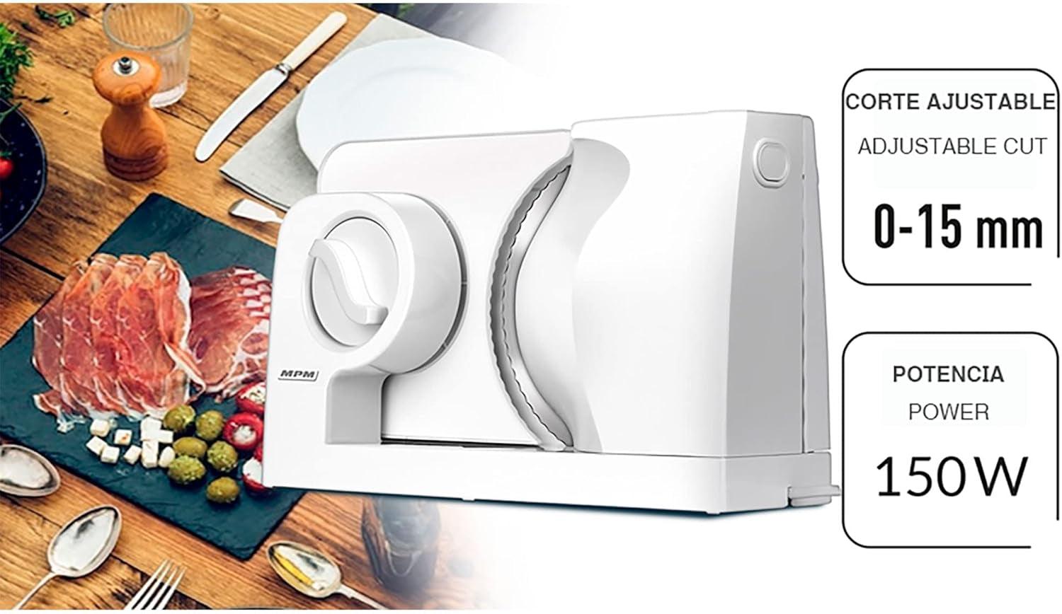 MPM MKR-05 Univerzális elektromos szeletelő, állítható vágási vastagság 15 mm-ig, 150 W aprítók és szeletelők Naty Shop