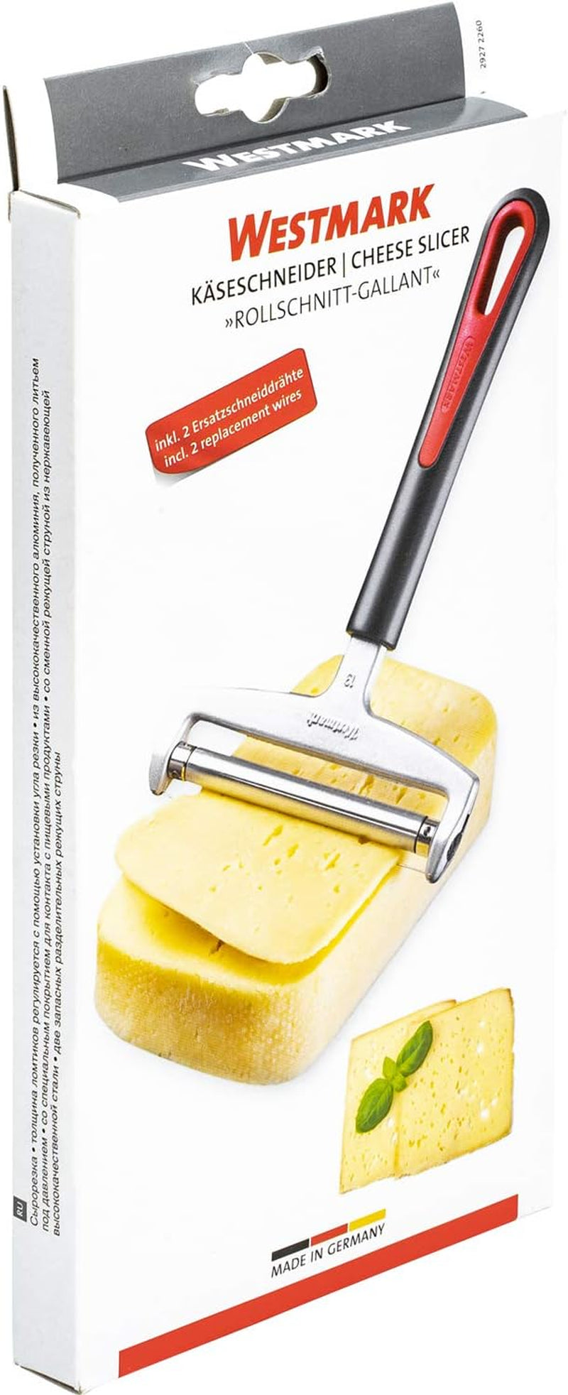 Westmark Käseschneider mit Rolle und auswechselbarem Schneiddraht, Variable Schnittstärke, Breite: 12 cm, Rostfreier Edelstahl/Alumínium/Kunststoff, Schwarz/Rot, 29272260, 17 x 12 x 2 cm