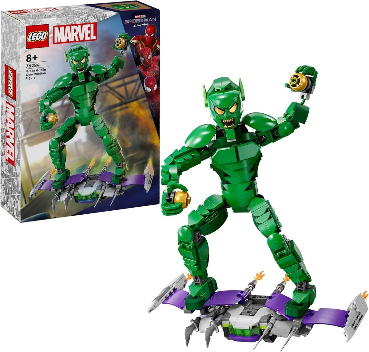 LEGO Marvel zöld kobold építő figura, szupergonosz mozgatható építőjáték 8 év feletti gyerekeknek, fiúknak és lányoknak, Pókember univerzum készlet csúszkákkal és tökbombákkal, szuperhős ajándékötlet 76284 építőkészletek Besuche den LEGO-Store alapértelmezett cím