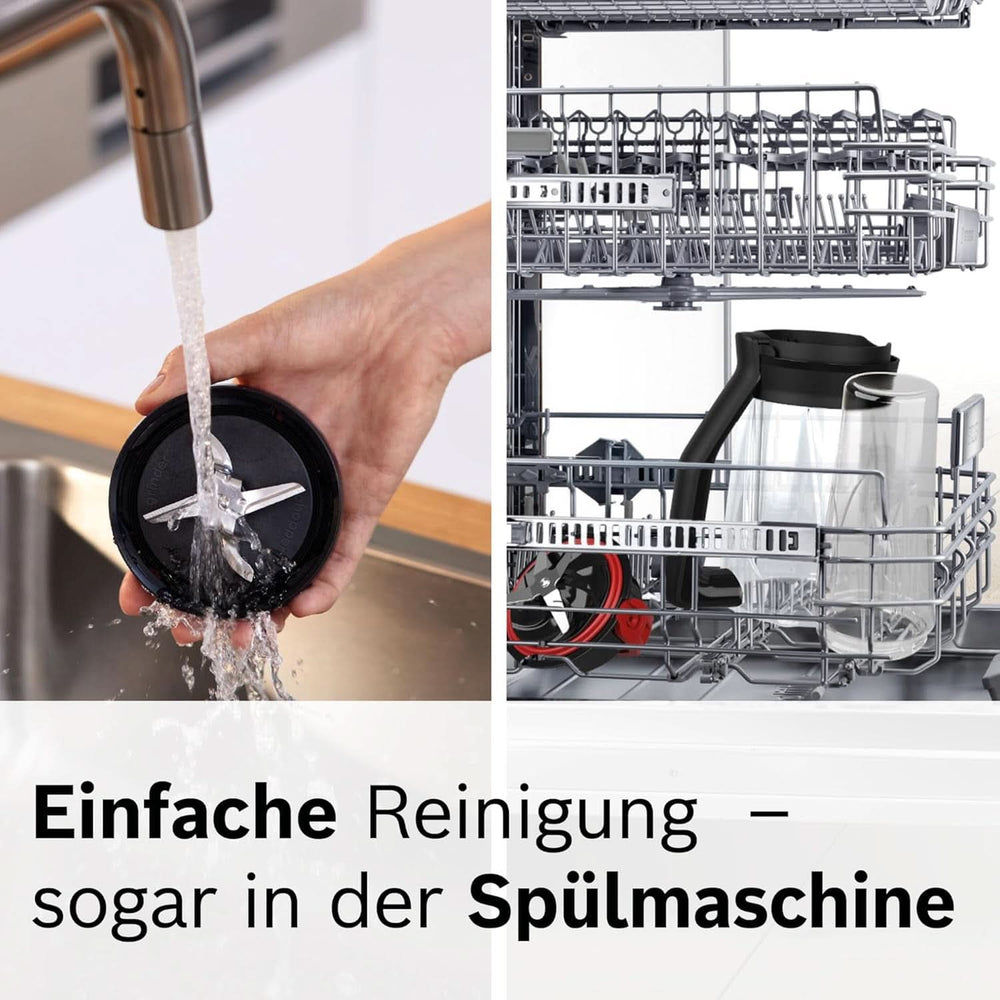 Bosch Standmixer Vitapower Serie 4 MMB6174SN, Verbesserte Version, Hochwertige Edelstahl-Klingen, 1,5L Glasbehälter, 0,6L To-Go-Flasche, Spülmaschinenfeste Teile, 30 000 U/min, Silver Kitchen Naty, 1200 W