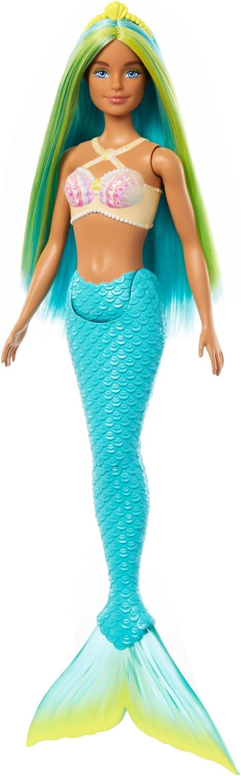 Barbie Meerjungfrau-Puppe mit fantasievollem zweifarbigem Haar in Blau und Gelb, Haarband, Puppe mit Muscheloberteil und türkisfarbener Schwanzflosse, HRR03