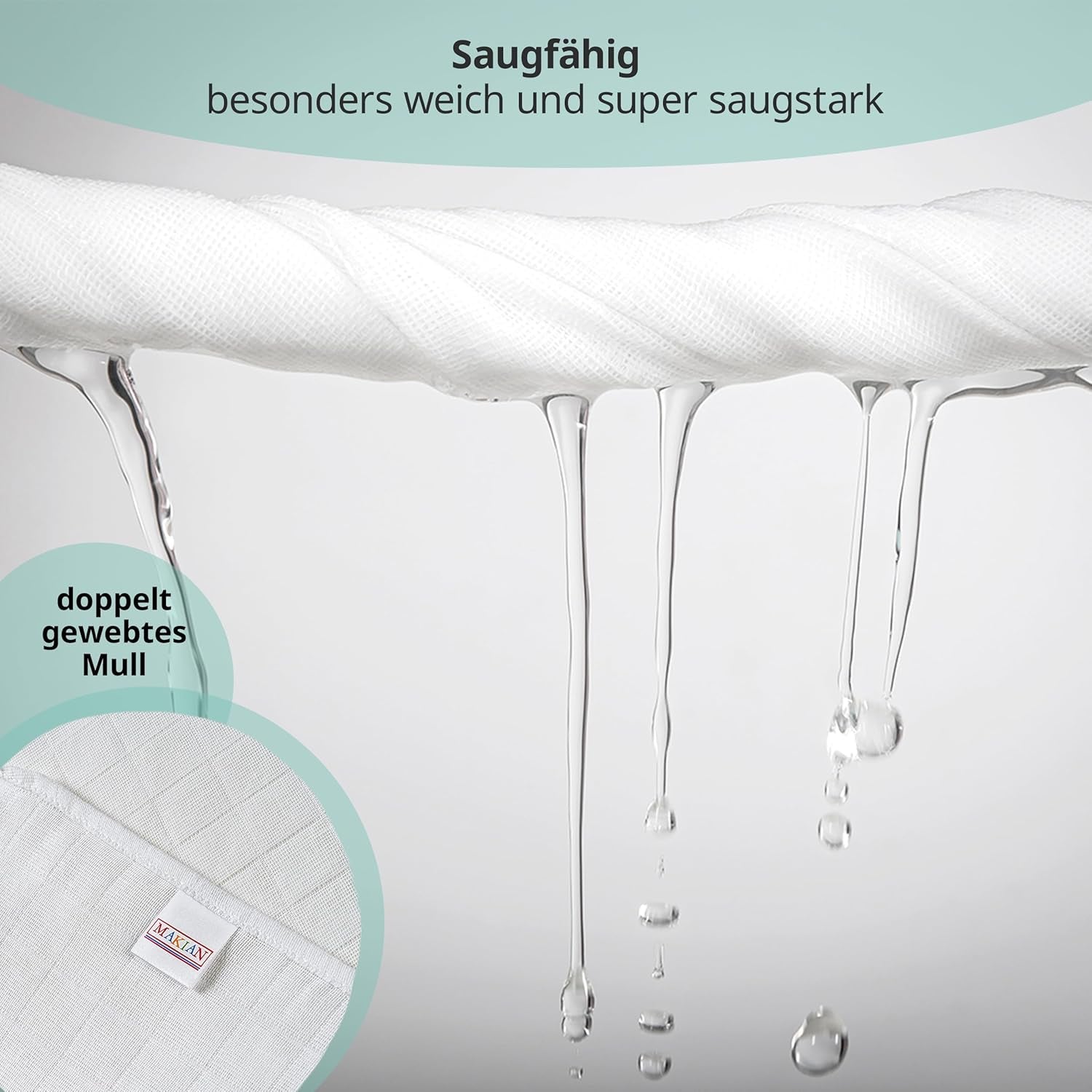 MAKIAN muszlin négyzetek, 10 db-os csomag, 80x80 cm, Oeko-TEX® Standard 100 tanúsítvánnyal rendelkező, 10 prémium böfös kendő - dupla szövött szövetnégyzetek / muszlin négyzetek, forrásálló - fehér