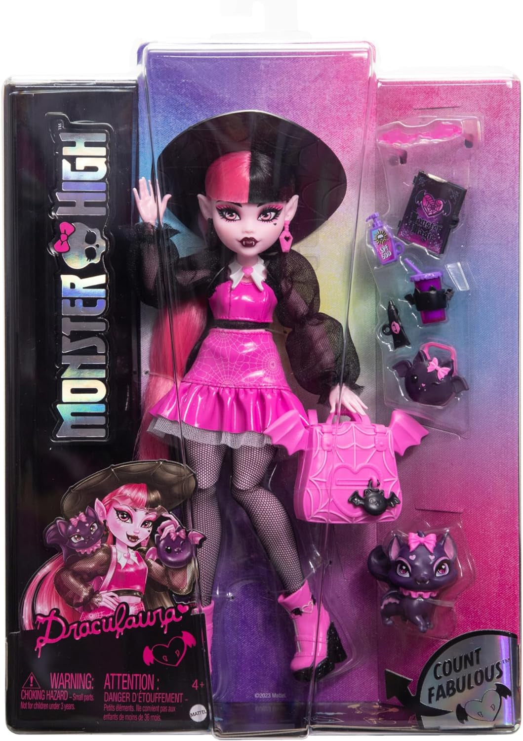 Monster High Draculaura baba kedvencével, gróf Mesés denevér macskával és olyan kiegészítőkkel, mint a hátizsák, varázskönyv, bento doboz és sok más, HRP64 Naty Shop Dolls