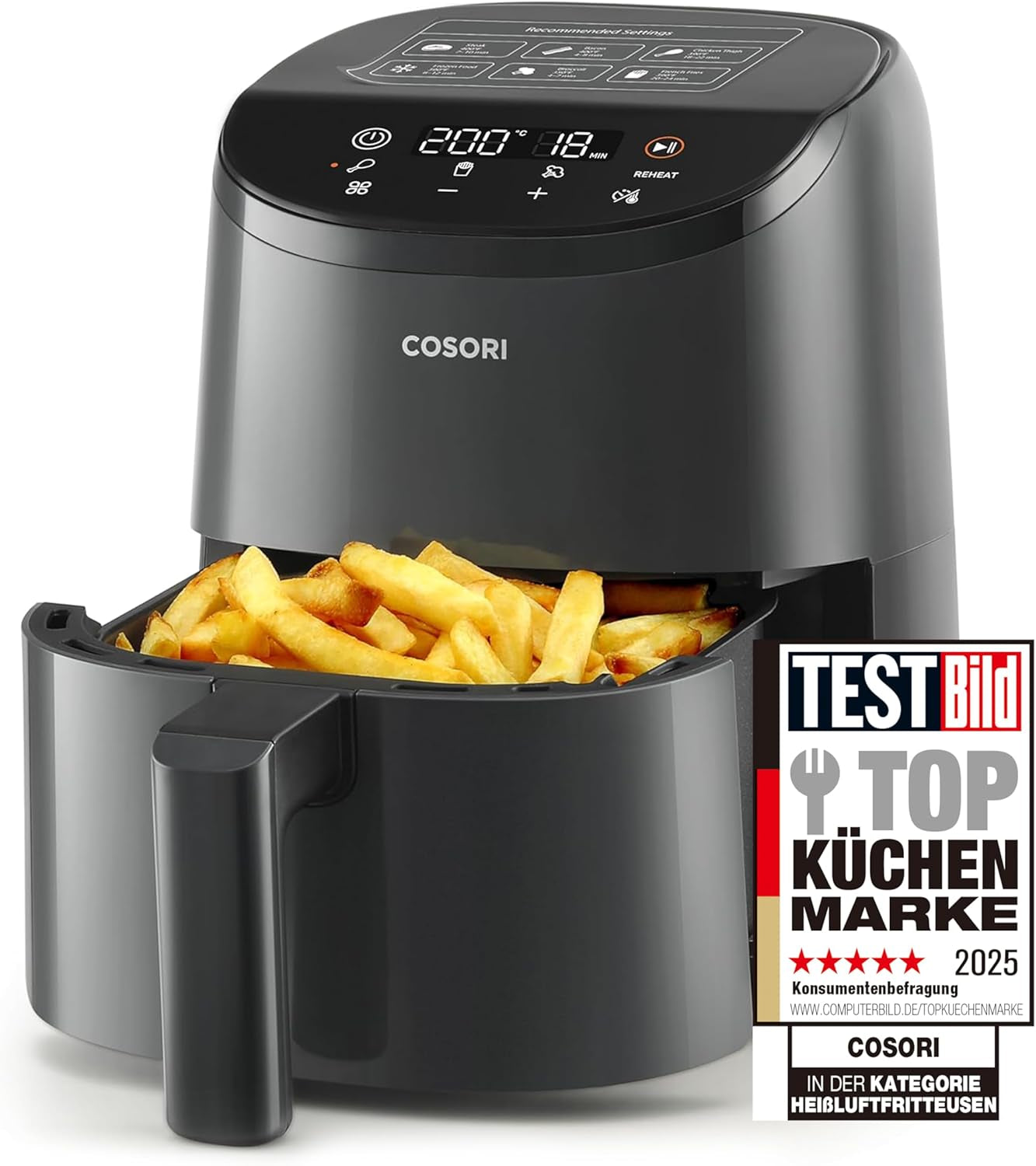 COSORI forrólevegős olajsütő Airfryer, 12 az 1-ben légfrissítő XXL 6,2 l, forró levegős sütő nézet ablakkal és keverési emlékeztetővel, 80 recept Háztartási gépek Naty Shop Világos fekete 2 literes mini