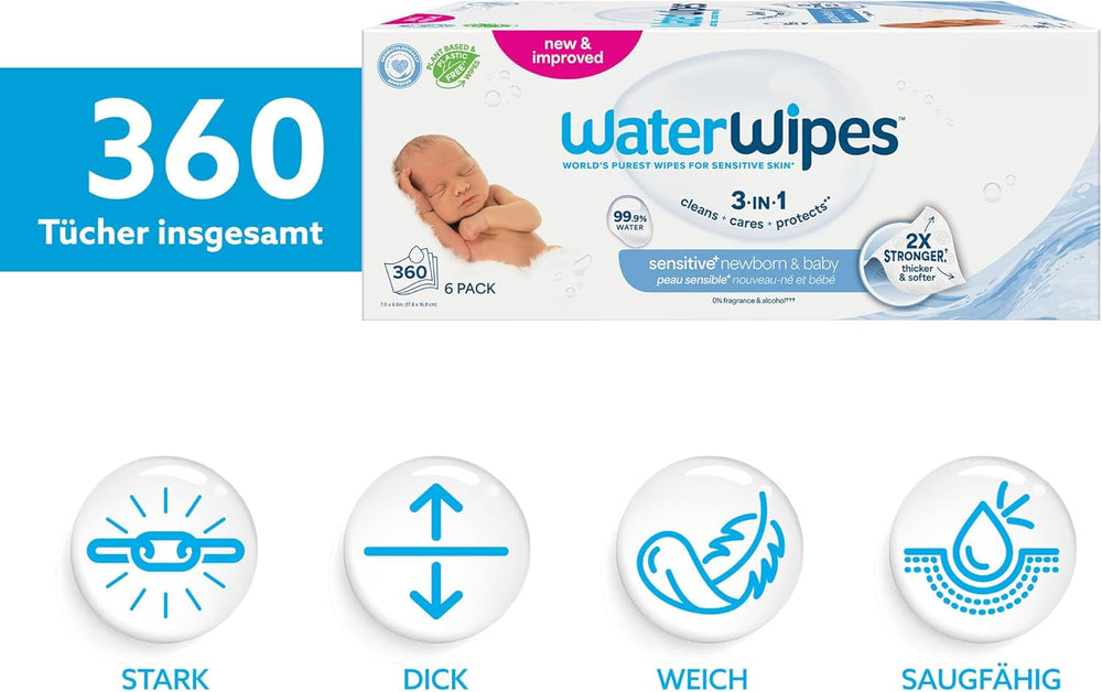 WaterWipes Sensitive+ Nedves törlőkendő újszülötteknek és csecsemőknek, 360 db (6 csomag), 3 az 1-ben Tisztítás, ápolás, védelem, 99,9% víz, illatmentes