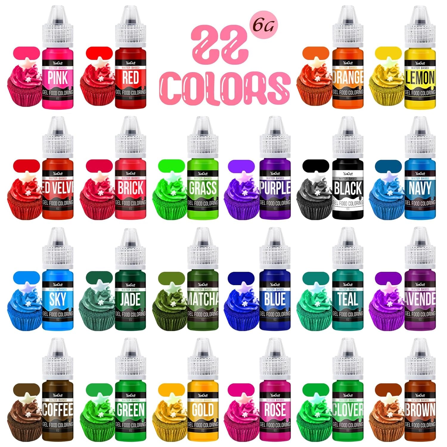 Colorant alimentar în gel - 22 de culori x 6G, colorant alimentar în gel foarte concentrat pentru prăjituri, copt, ouă de Paște, băuturi - Colorant alimentar fără zahăr pentru fondant, glazură, slime, decorarea torturilor