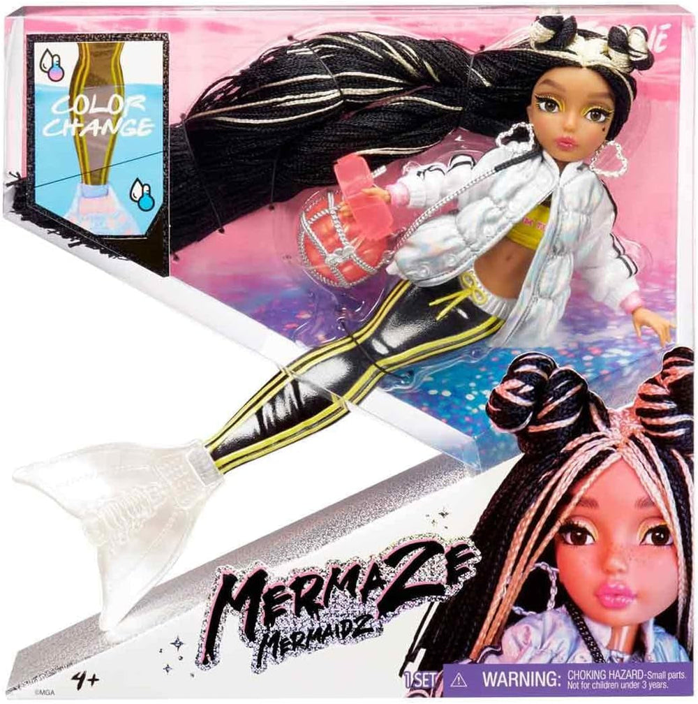 MGA Entertainment Mermaidz – JORDIE – Meerjungfrauen Puppe mit Farbwechsel & Schwarz-Blonde Haar – Inklusive Outfit & Zubehör – Voll beweglich – Zum Sammeln – Für Kinder ab 4 Jahren 580836