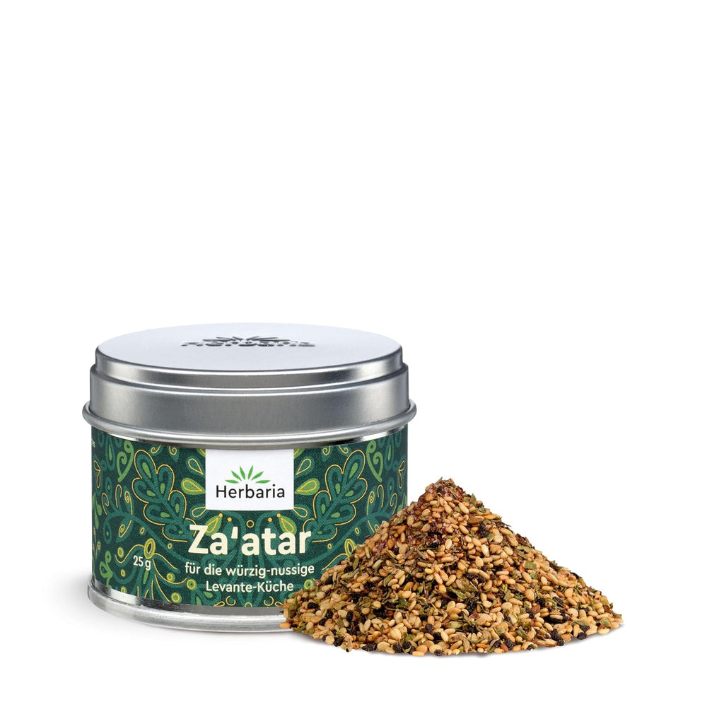 Herbaria Za'atar bio 25g S-Dose – Zaatar Gewürz, Zaatar Gewürz - keleti Organic-Gewürmischung für Gerichte der Levante Küche - mit erlesenen Ingredient - in nachhaltiger Aromaschutz-Dose