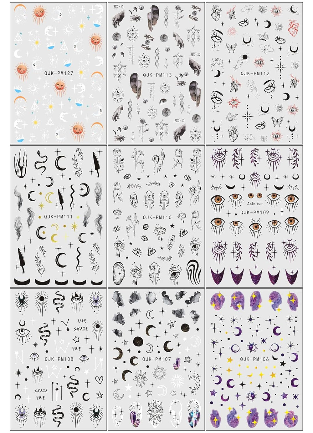 Jmeowio Nagelsticker Mond Stern Sonne 9 Blatt Nail Art Sticker Selbstklebend Nagelaufkleber Bunte Dekoration Nageldesign Zubehör