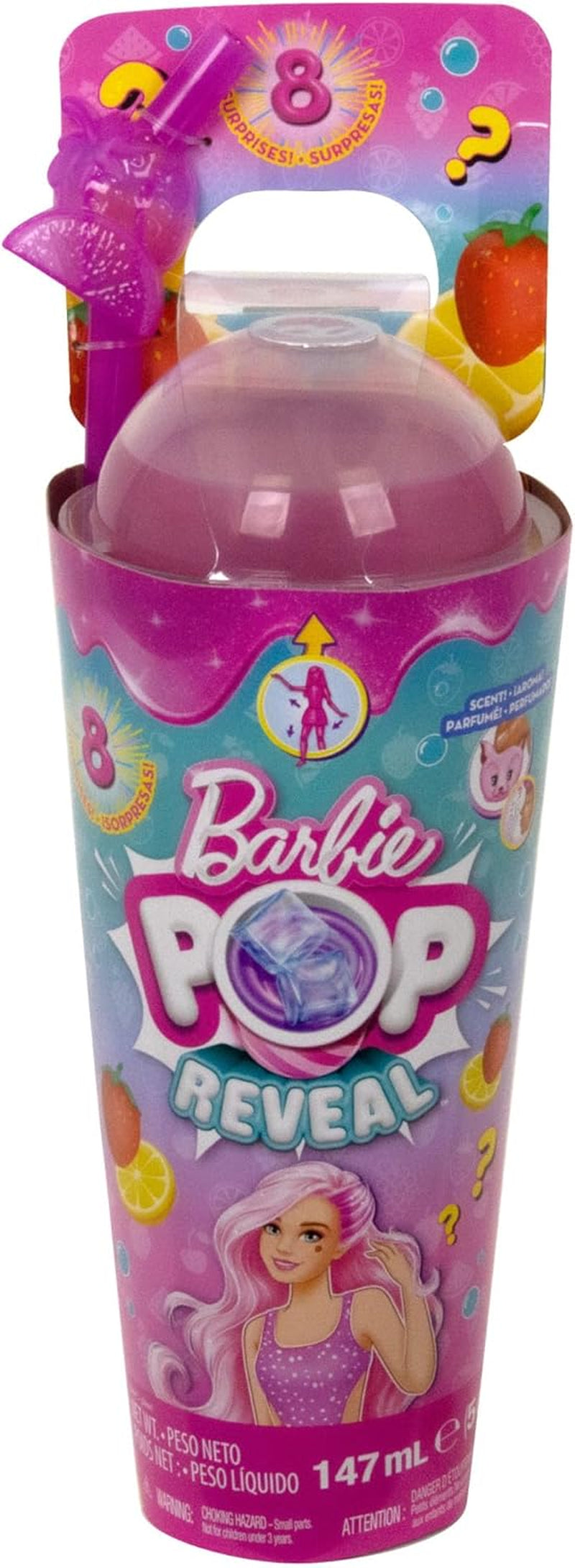 Barbie Pop Reveal Fruit - Überraschungspuppen mit 8 fruchtigen Überraschungen, inklusive beweglicher Puppe mit Erdbeerlimonadenduft und Squishy-Hündchen, ab 3 Jahren, HNW41