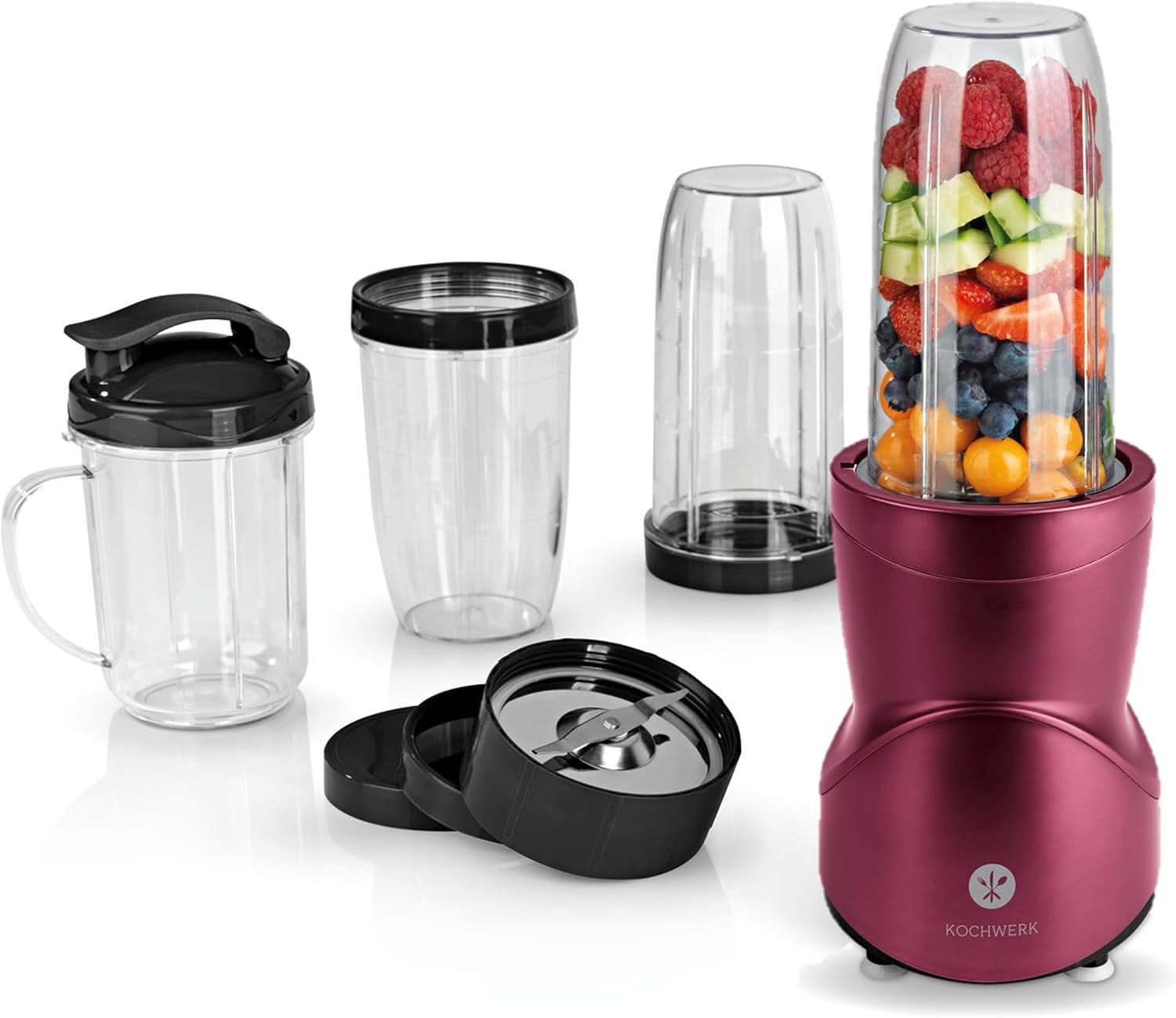 Smoothie Maker 12-Tlg | To-Go Deckel & 4 Mixbehälter | Für Obst, Gemüse & Nüsse | Mítosz Ice-Crush Funkció | Mini-állványkeverő Zum Mixen, Rühren, Zerkleinern, Mahlen, Hacken és Pürieren | BPA-mentes konyha Naty Shop Rot