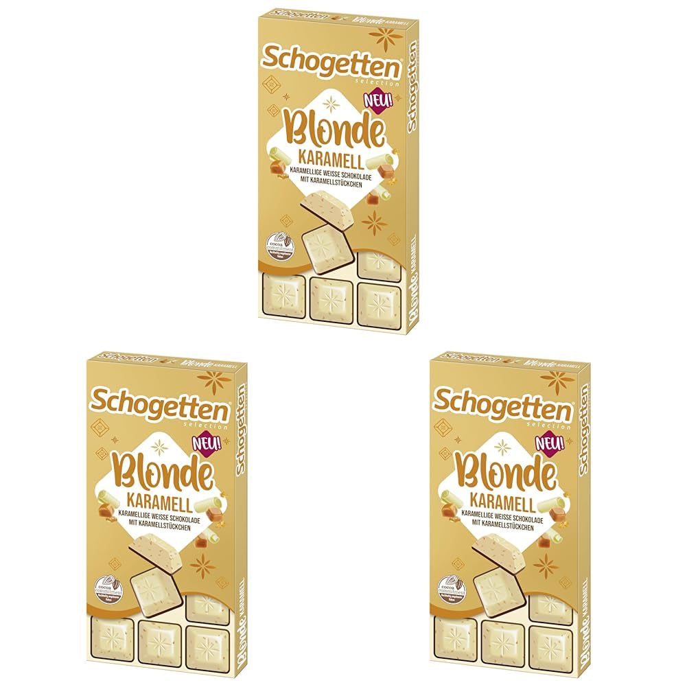 Schogetten Blonde Caramel | Karamell fehér csokoládéval és karamelldarabokkal | Csokoládé tábla 100g | Kényelmesen adagolva