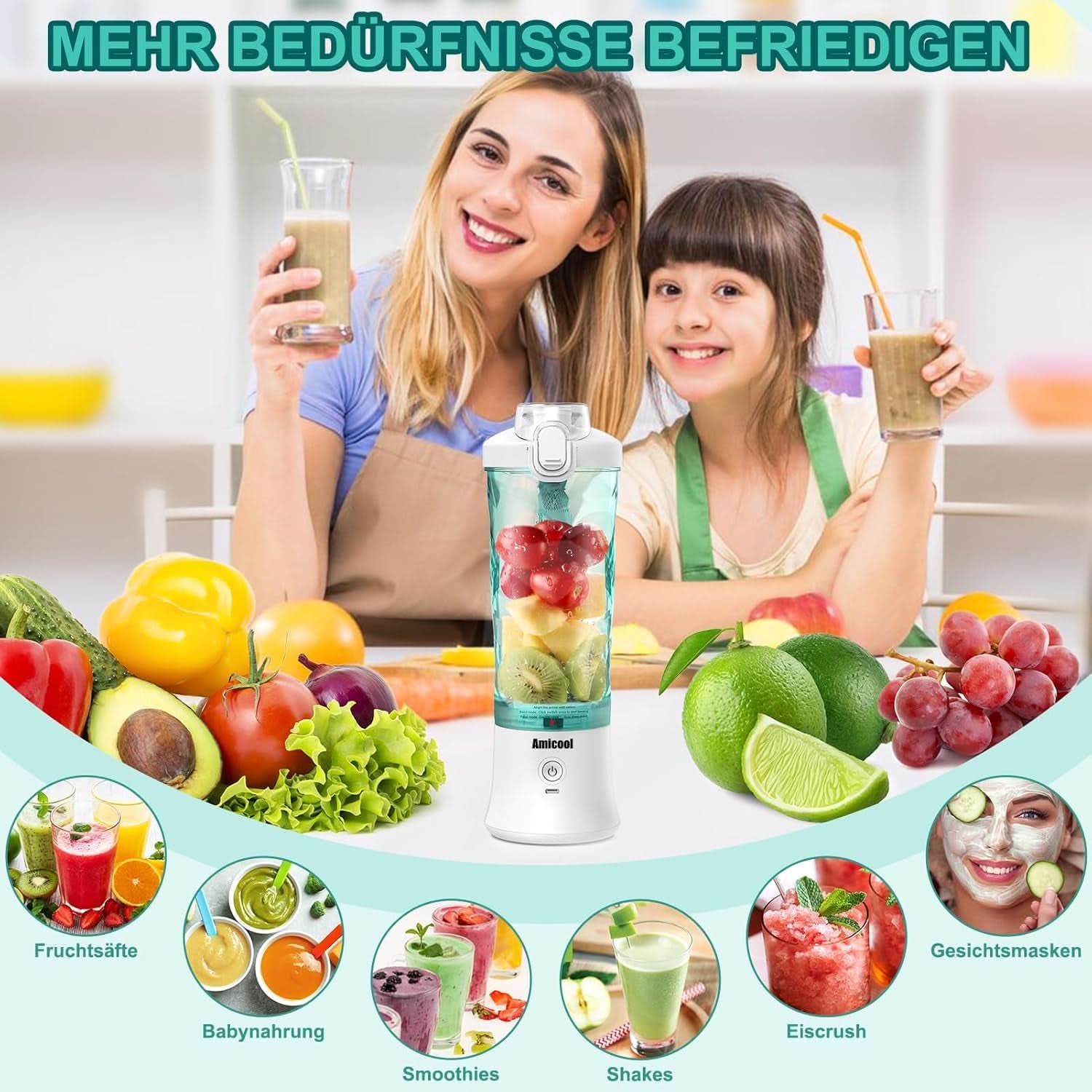 Mixer Smoothie Maker to Go, Mini Standmixer Tragbar Mit 6-Klingen Edelstahl, Enstafter Mit Reisedeckel, USB hordozható turmixgép Elektrisch 600 ml-es palack, Mixer Shaker Slushy Maker Wasserdichter Bucatarie Naty Shop