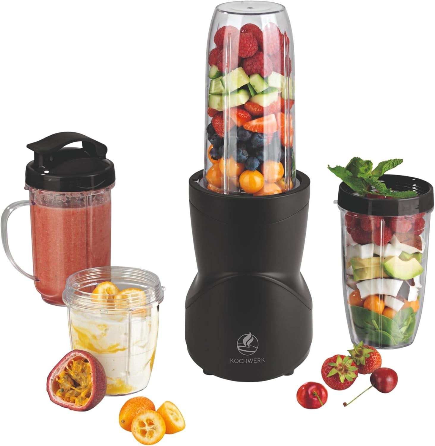 Smoothie Maker 12-Tlg | To-Go Deckel & 4 Mixbehälter | Für Obst, Gemüse & Nüsse | Mítosz Ice-Crush Funkció | Mini-állványkeverő Zum Mixen, Rühren, Zerkleinern, Mahlen, Hacken és Pürieren | BPA-mentes konyha Naty Shop Schwarz