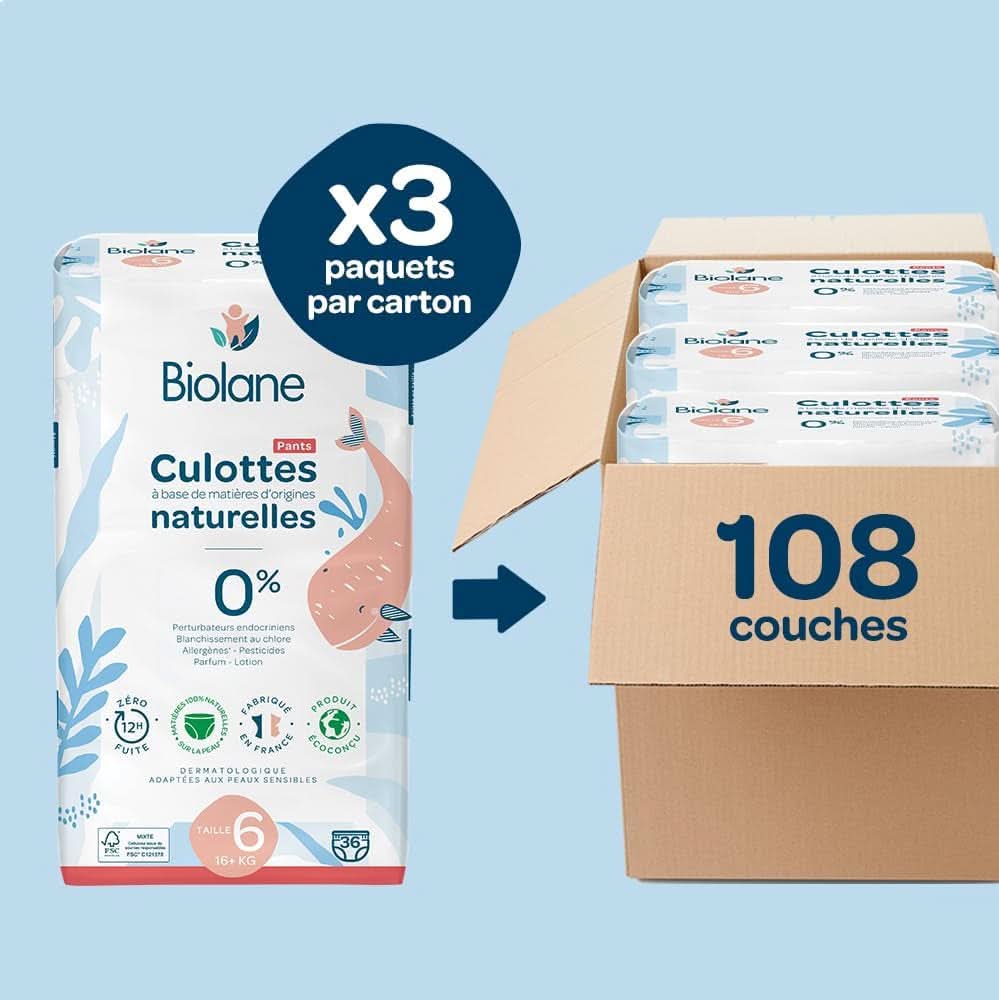BIOLANE - Pelenkanadrág - 6-os méret (16 + kg) - 12 órán keresztül nem szivárog - 1 hónapos csomag - 108 pelenka - Ecologic Mother and Child Naty Shop