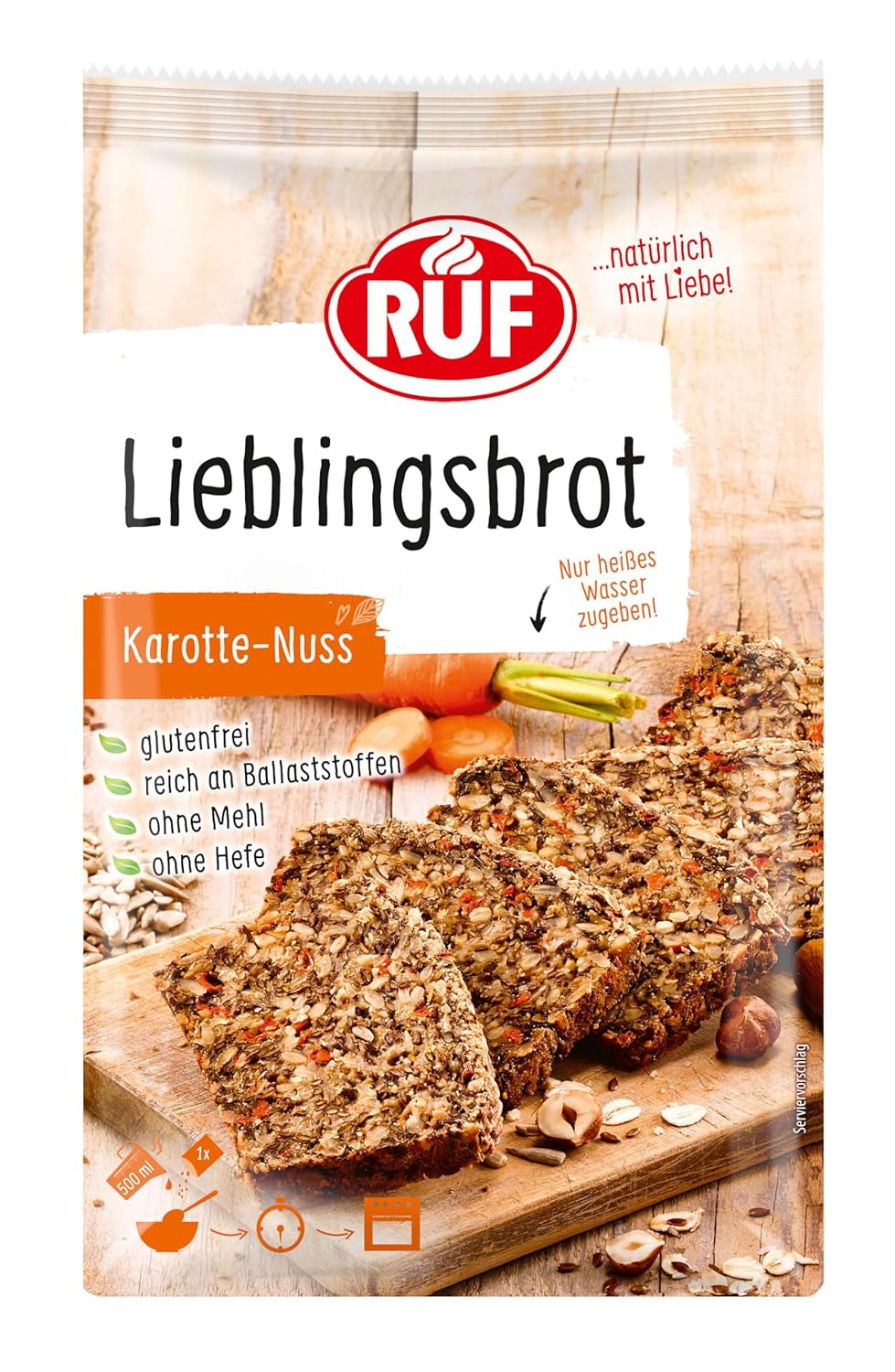 RUF Lieblingsbrot Protein, Brot-Backmischung, Brotmischung, Brotteig-Mischung, Proteinreiches Brot, Glutenfrei, Ohne Mehl & Hefe, 1 X 500G Naty Shop 600 G (1 Er Pack) Karotte Nuss