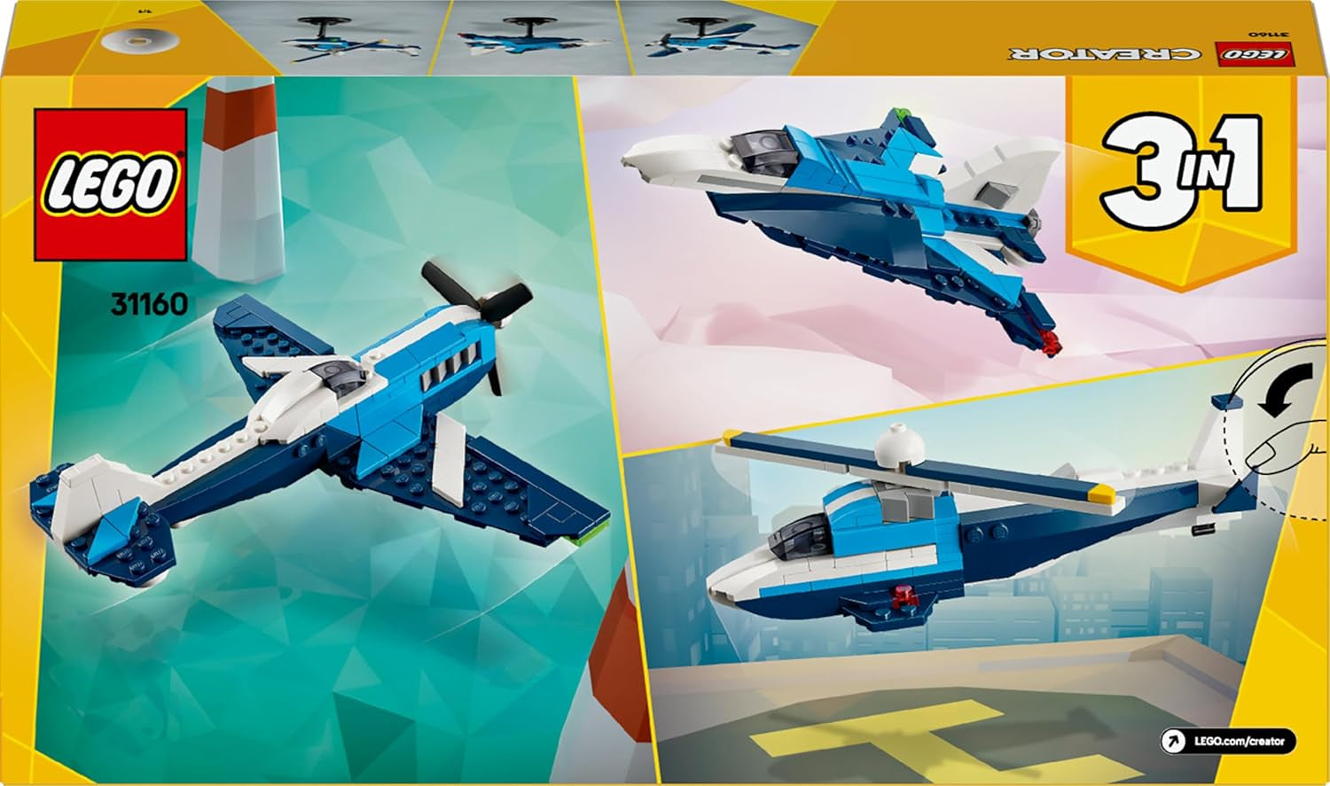 LEGO Creator 3 az 1-ben Flieger: Rennflugzeug Spielzeug – Repülőgép- vagy helikoptermodellvé alakítható – Fahrzeug Bauset für Jungen und Mädchen ab 7 Jahren – Giftidee zum Geburtstag 31160