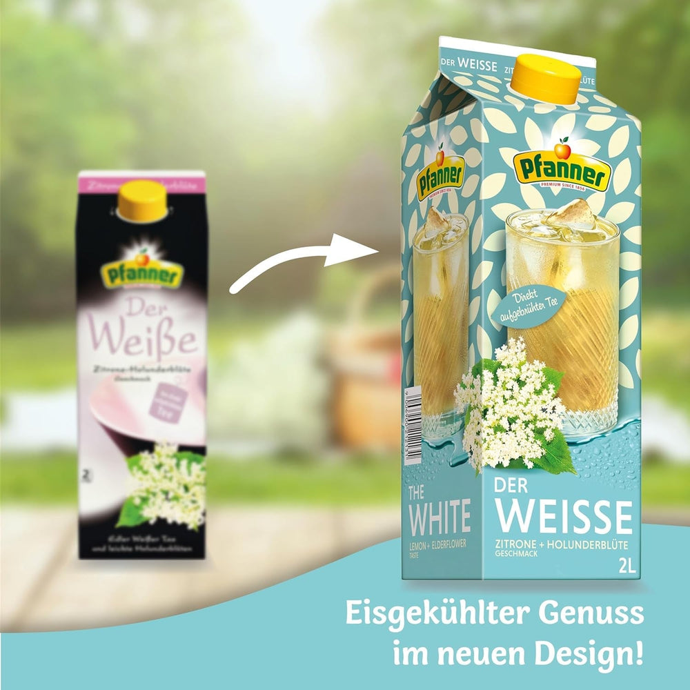 Pfanner Ceai rece cu lămâie albă și flori de soc – 2 L Tetra Pak - Ceai preparat direct cu suc de lămâie (pachet cu 6)