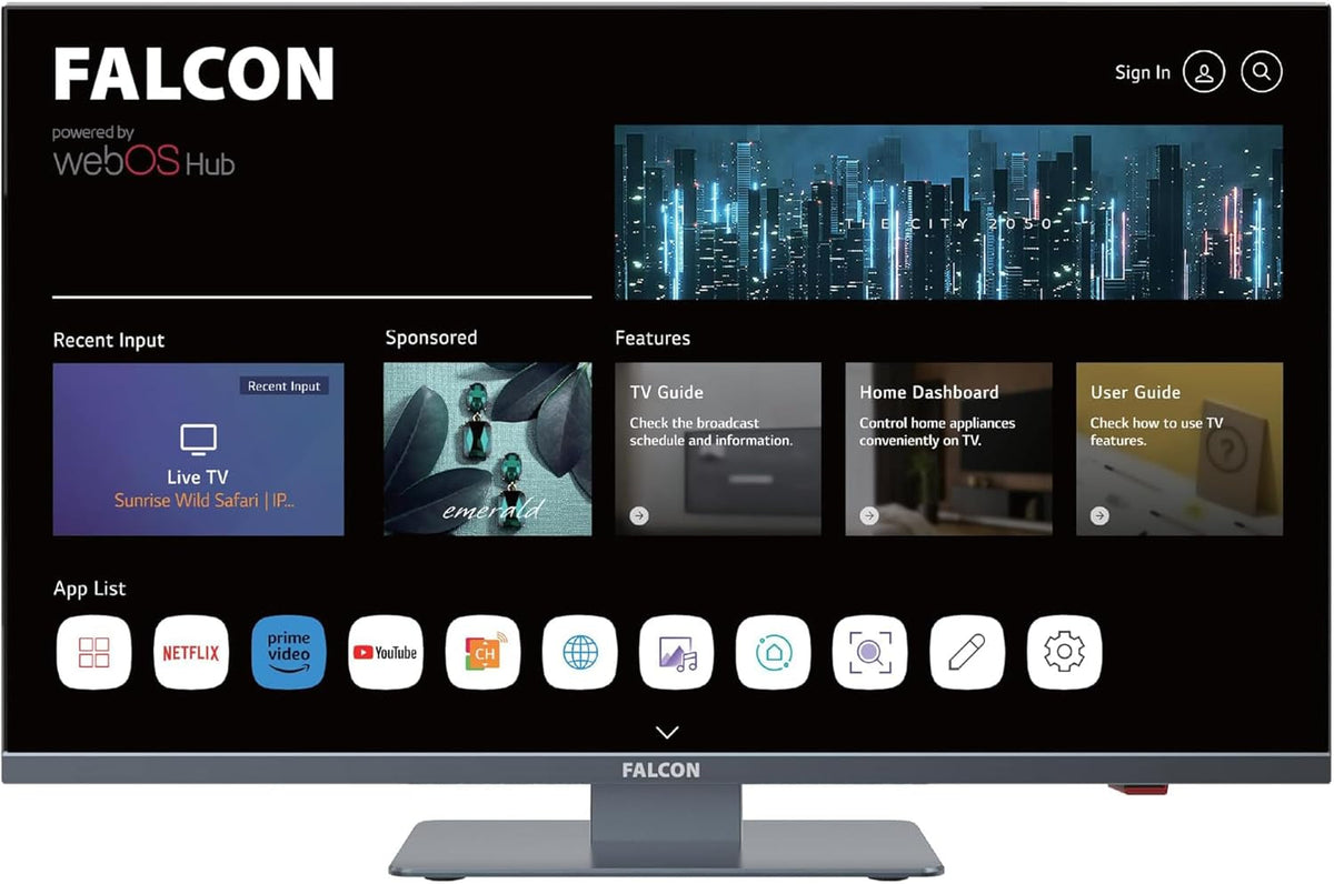 Televizor LED Falcon Full HD de 22 de inci cu LG WebOS SMART WiFi, potrivit pentru camping/autorulote (12V/24V), DVD player, Bluetooth, HDMI, USB, Paramount Plus, Magenta, Netflix, Prime Video, Disney Plus, DAZN și streaming IPTV