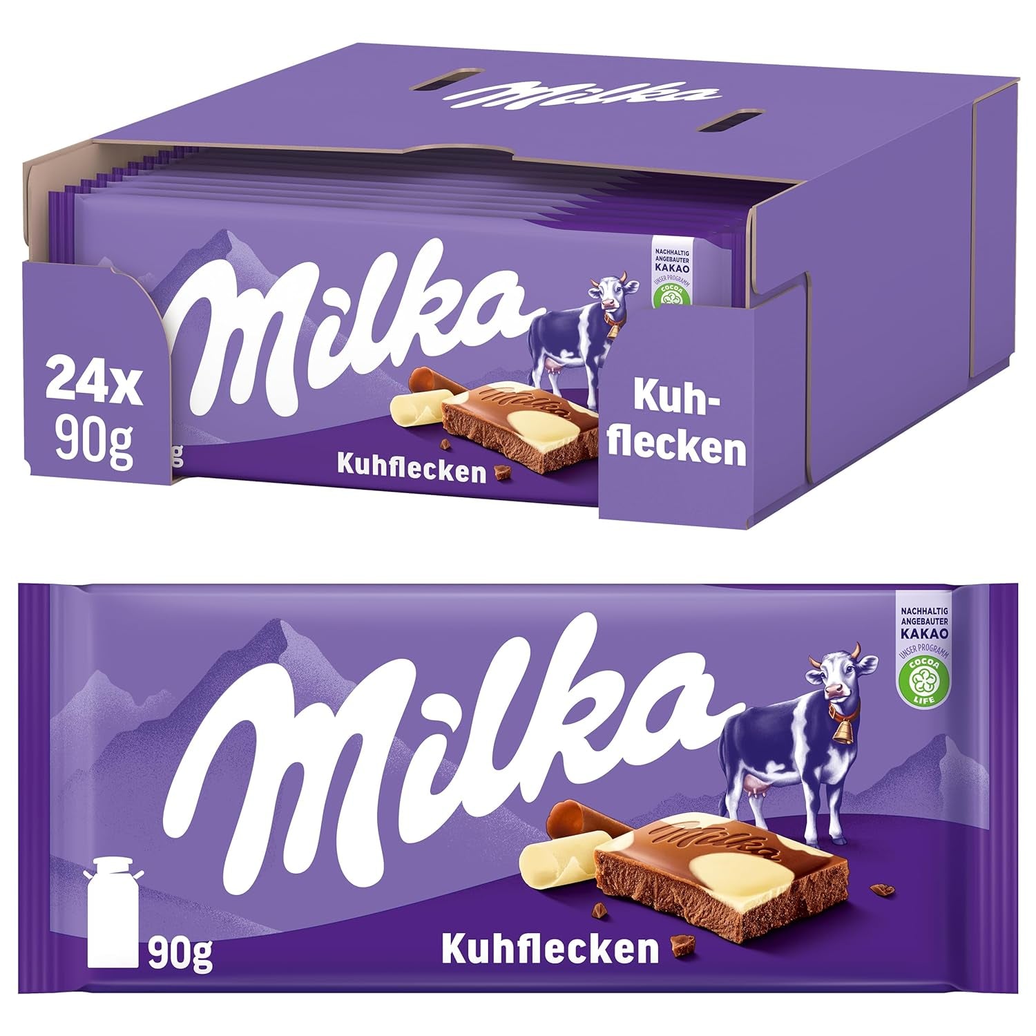 Milka Cow Spots – alpesi tejcsokoládé fehér csokoládéval tehénfoltos kivitelben – 24 x 90g