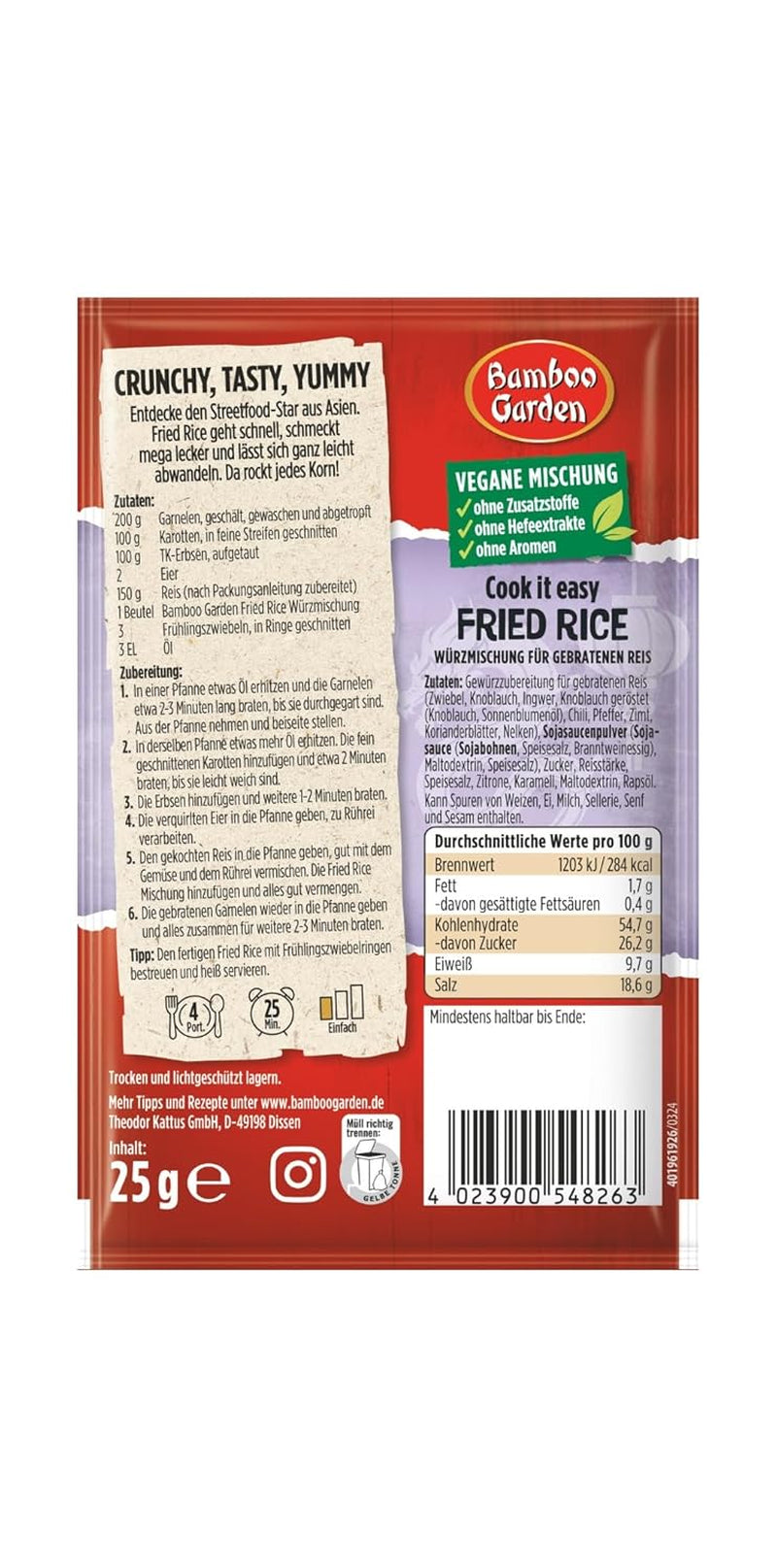 Bamboo Garden - sült rizs Würzmischung | Gewürz für gebratenen Reis | 4 adaghoz | Vegán, ohne Hefeextrakte, ohne Aromen | 25 g zacskóban