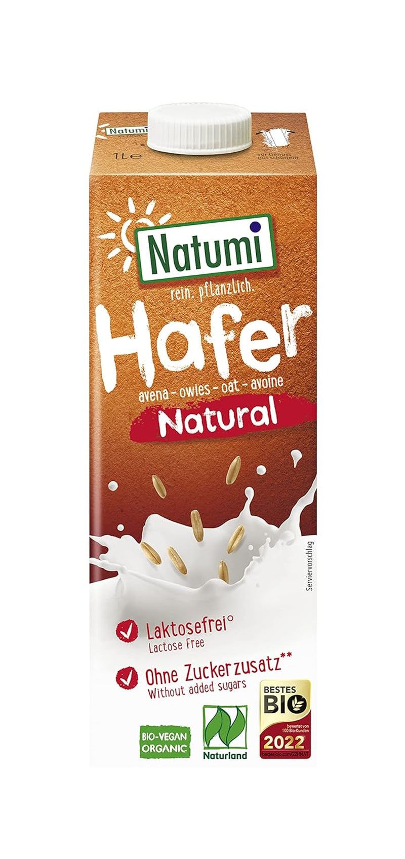 Natumi Bio Haferdrink Glutenfrei, 8 x 1L - Naturland zertifiziert, Laktosefrei, Glutenfrei, Ohne Zuckerzusatz, Bio, Vegán, Hergestellt mit deutschem Hafer, Milchfreie milchfreie Alternative