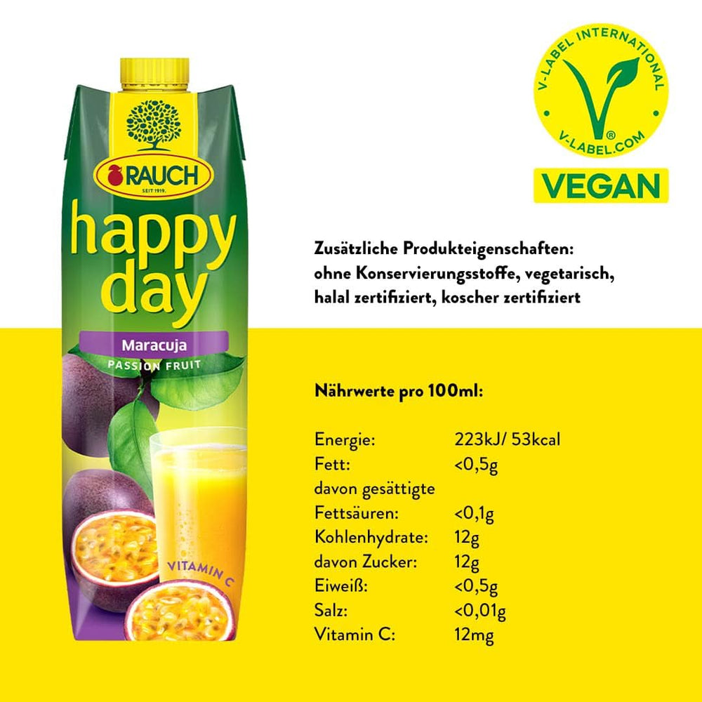 Rauch Happy Day Maracuja | Sok C-vitaminnal | Egzotikus varázslat és intenzív aroma | 6X 1 literes, Tetra Prisma Alkoholmentes italok Naty Shop