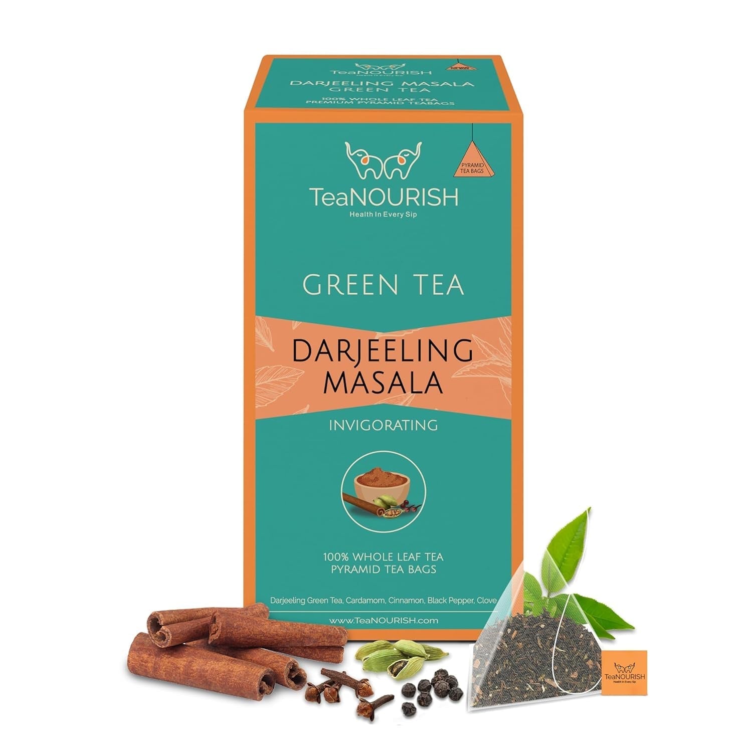Teanourish Ghimbir Tulsi Ceai verde | 20 pliculețe de ceai piramidale | Darjeeling frunze întregi | Superalimente indiene Ghimbir, Tulsi &amp; Lemn dulce | Ameliorează stresul și favorizează digestia