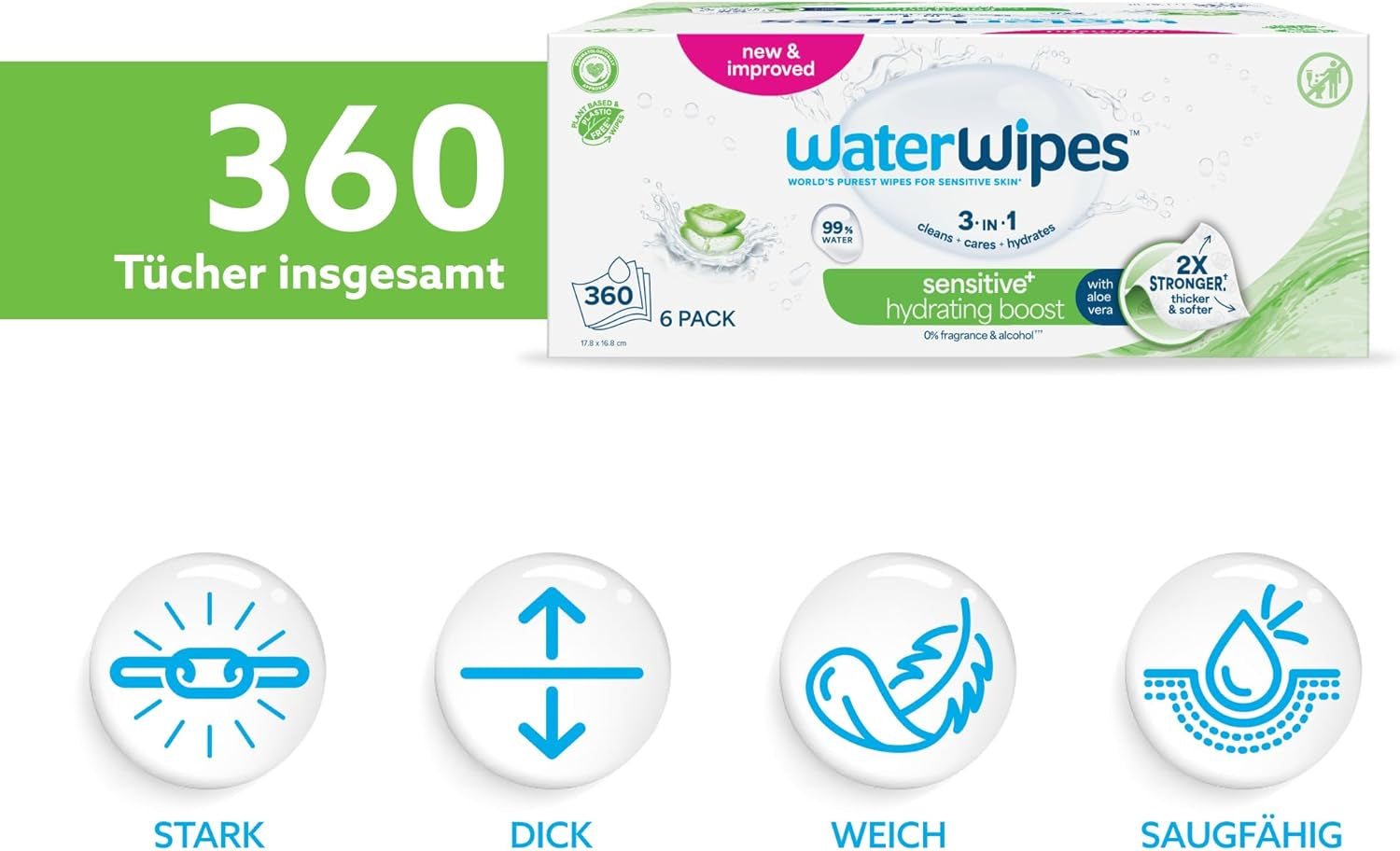 WaterWipes Sensitive+ Hydrating Boost nedves törlőkendők, hidratáló törlőkendők, 360 darab (6 csomag), 3 az 1-ben tiszta, ápoló, hidratáló, 99% aloe vera víz, illatmentes baba törlőkendők