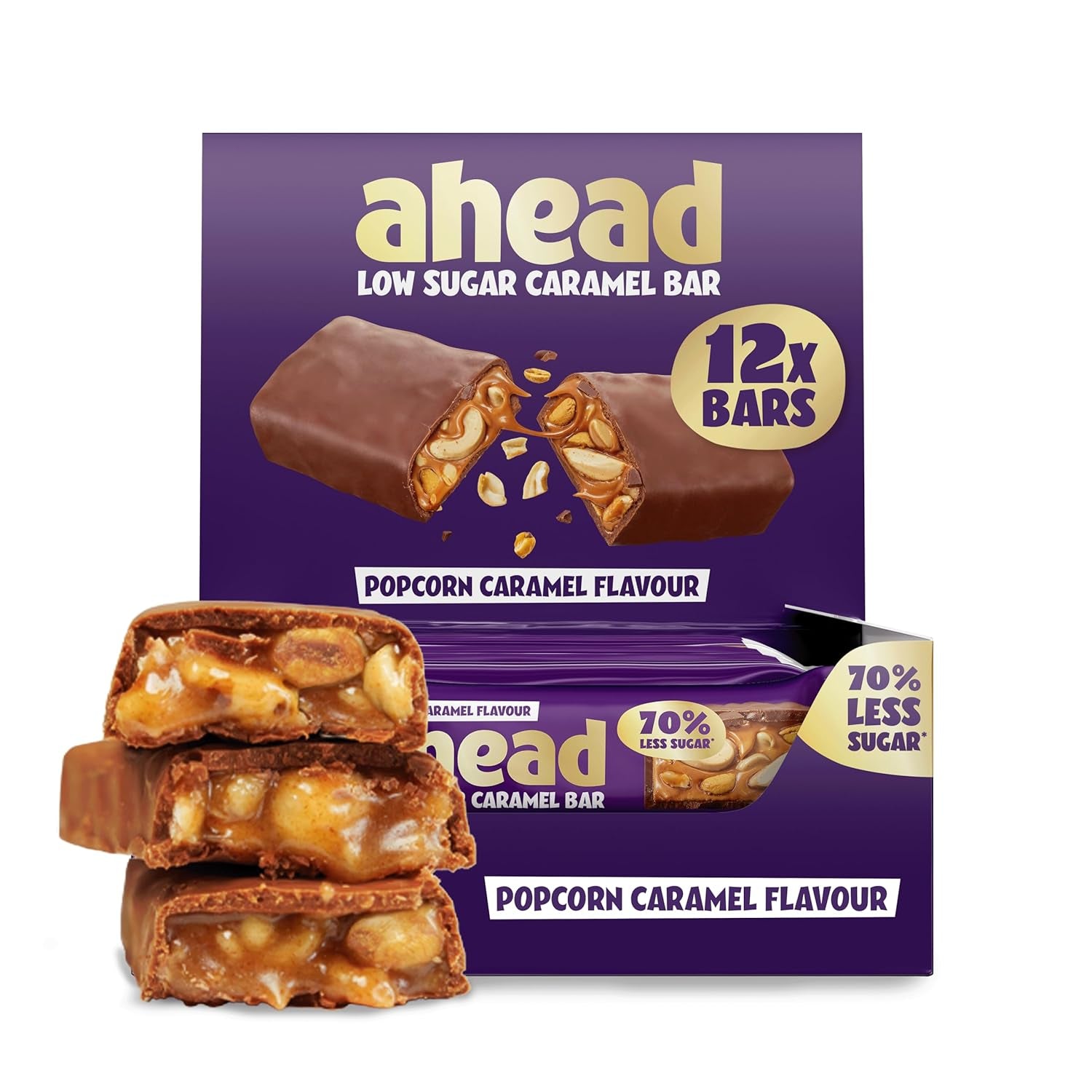 Karamell mogyorós csokoládé szeletek előtt | 12 tábla csokoládé x 35 g hozzáadott cukor nélkül | 1,9 g cukor rúdonként | Ropogós mogyoró és karamell íz | Alacsony szénhidráttartalmú édességek | Nincs pálmaolaj