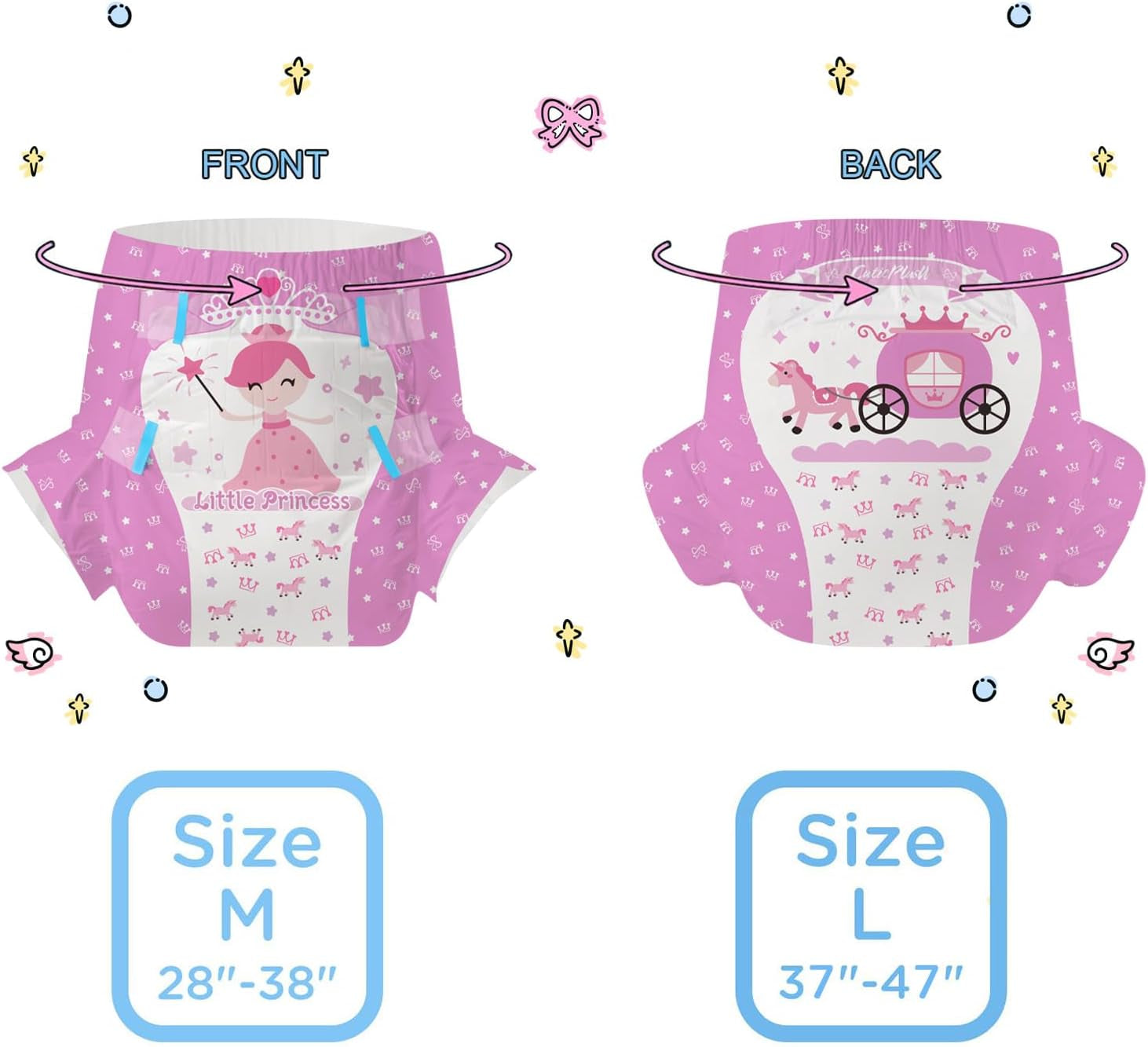 CutiePlusU felnőtt pelenkák, 10 darab, eldobható inkontinencia bugyi lepedővel nőknek és férfiaknak, maximális nedvszívó képesség éjszaka - kis hercegnő (nagy méret 94-119 cm)