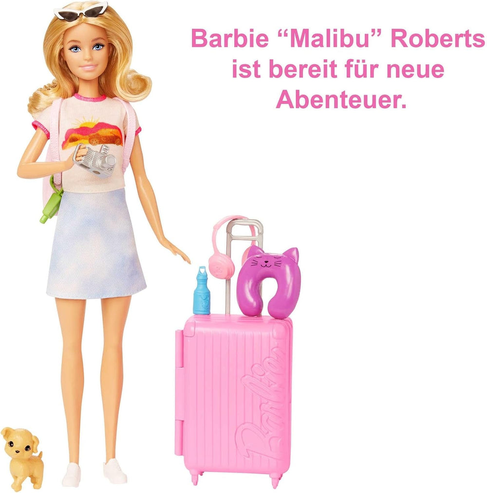 Barbie-Puppe, Reise-Barbie mit blonden Haaren, 10+ Reisezubehör, Aufkleber, Koffer, Welpe, inkl. 1 Puppe, Geschenk für Kinder, Spielzeug ab 3 Jahre,HJY18