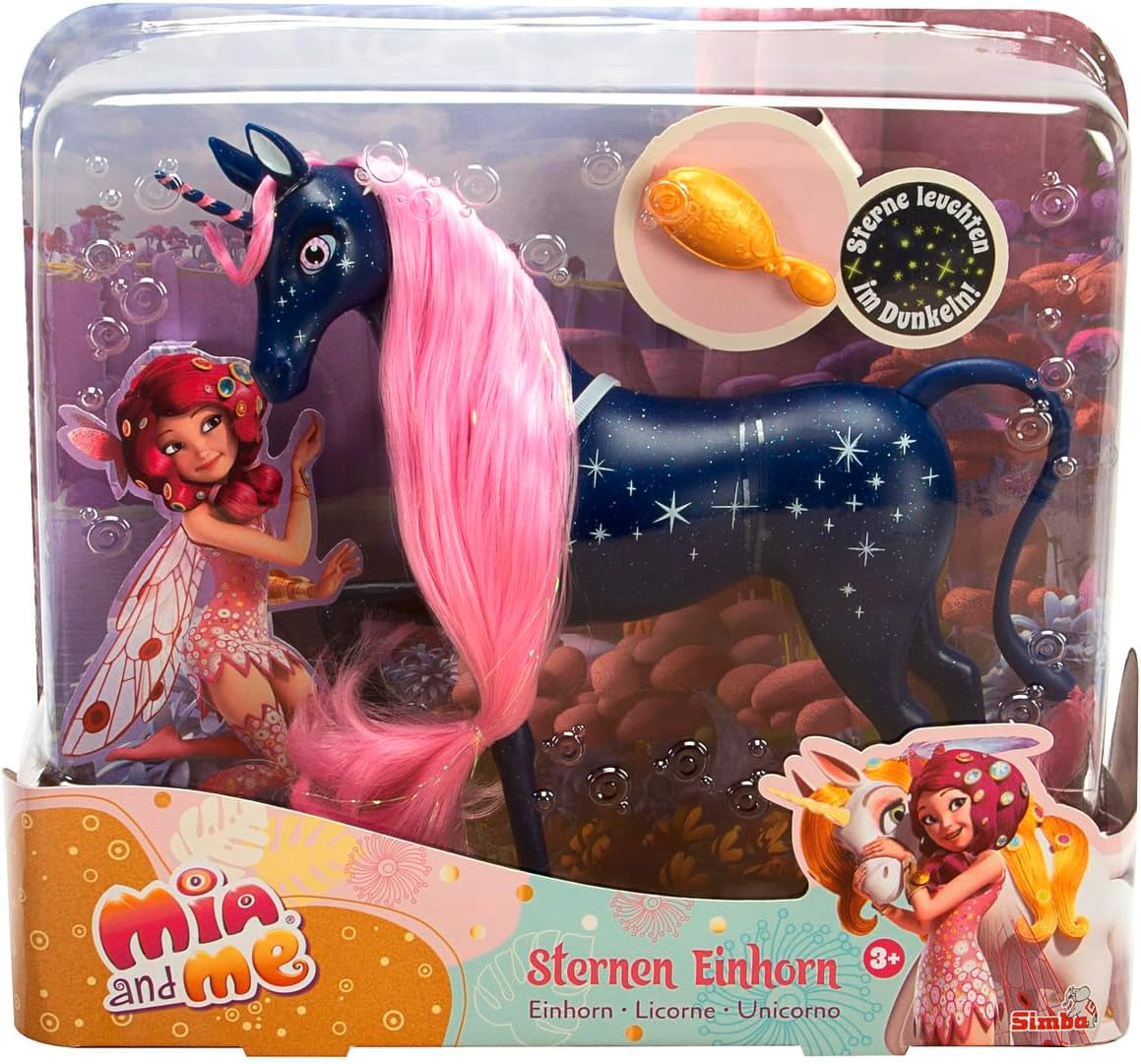 Simba 109483043 - Mia and Me Unicorn Înstelat 25 cm, Cal de Jucărie cu Stele pe Corp care Strălucesc în Întuneric și o Perie pentru Coafarea Părului, Vârste 3+
